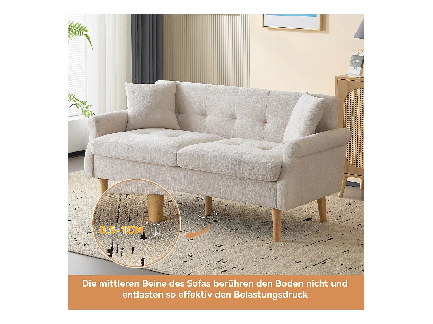 Sofá de 2 plazas de chenilla, diseño moderno, tapizado con cojines gruesos, color beige (162x74x77 cm)