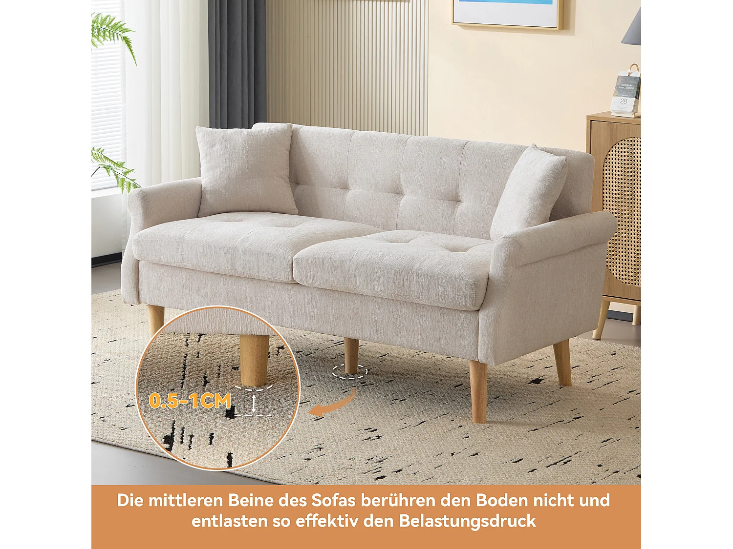 2-zits chenillebank, modern design, gestoffeerde bank met dikke kussens, beige (162x74x77 cm)