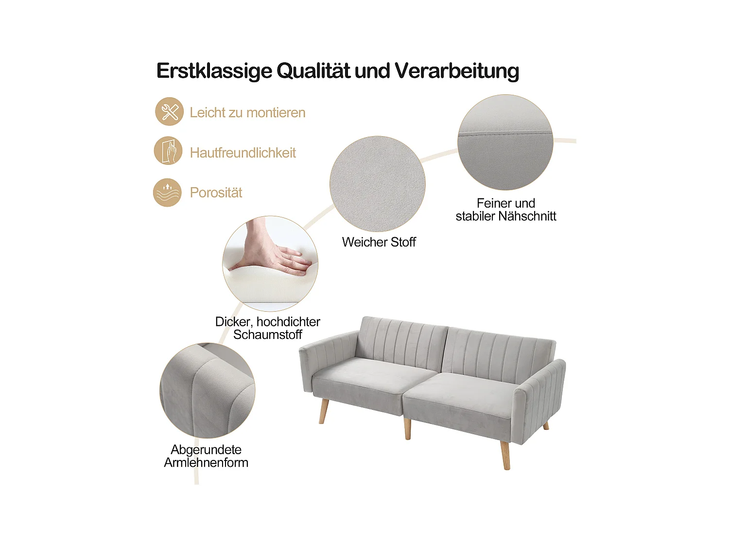 2-in-1 slaapbank, minimalistisch design, fluwelen stof, rubberen voetjes, antiekgrijs (178x75x68 cm)