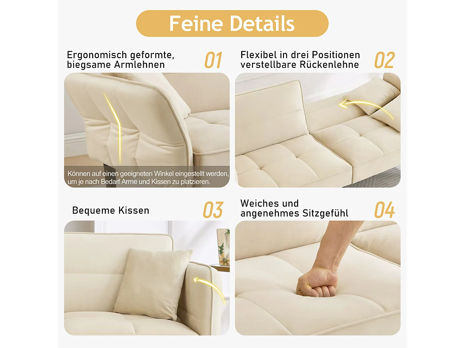 Canapé convertible 2-en-1, design moderne, velours, avec accoudoirs rabattables et fonction lit, beige (176x78x76 cm)