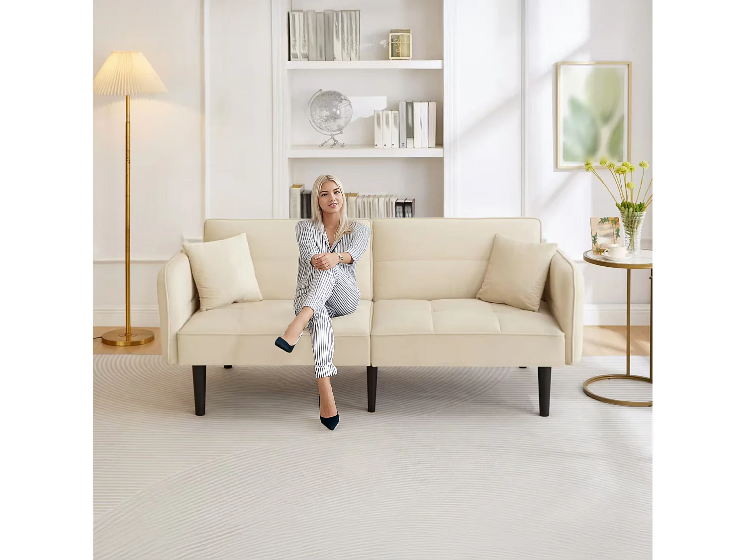 Canapé convertible 2-en-1, design moderne, velours, avec accoudoirs rabattables et fonction lit, beige (176x78x76 cm)