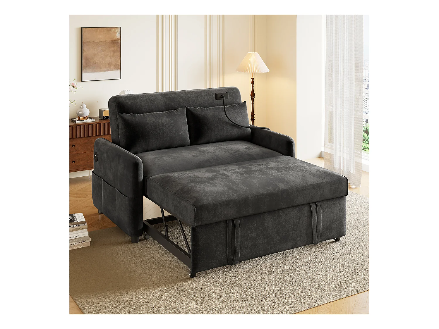 Canapé lit 2 places avec fonction dépliable, en chenille, avec porte-gobelets, USB, gris (129x76x81 cm)