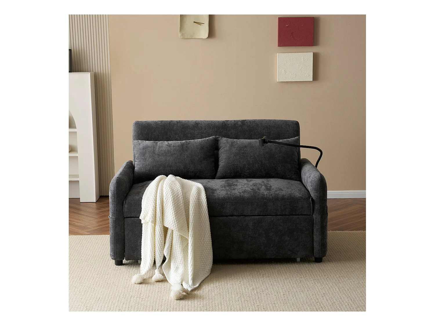 Canapé lit 2 places avec fonction dépliable, en chenille, avec porte-gobelets, USB, gris (129x76x81 cm)