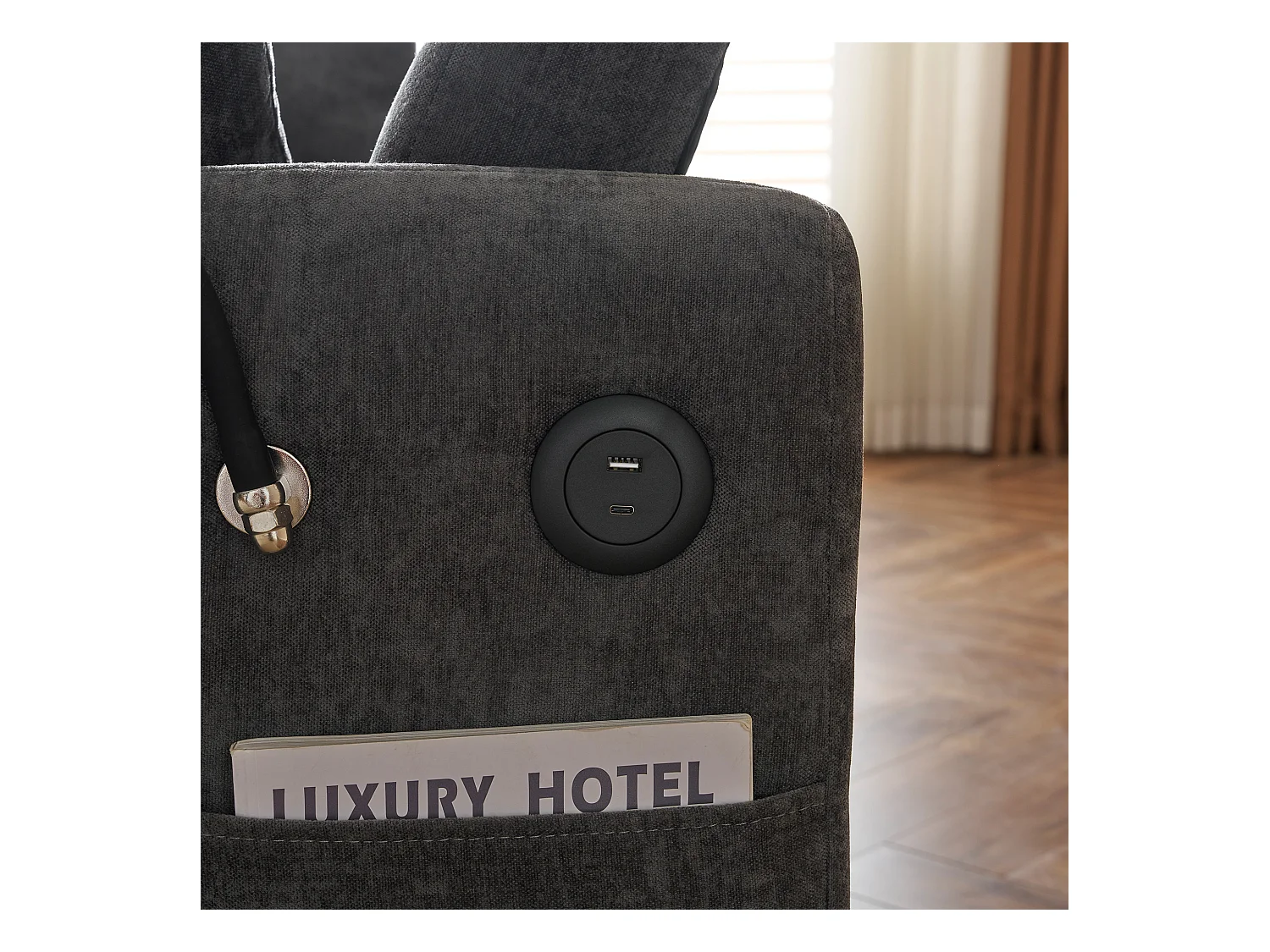 Canapé lit 2 places avec fonction dépliable, en chenille, avec porte-gobelets, USB, gris (129x76x81 cm)