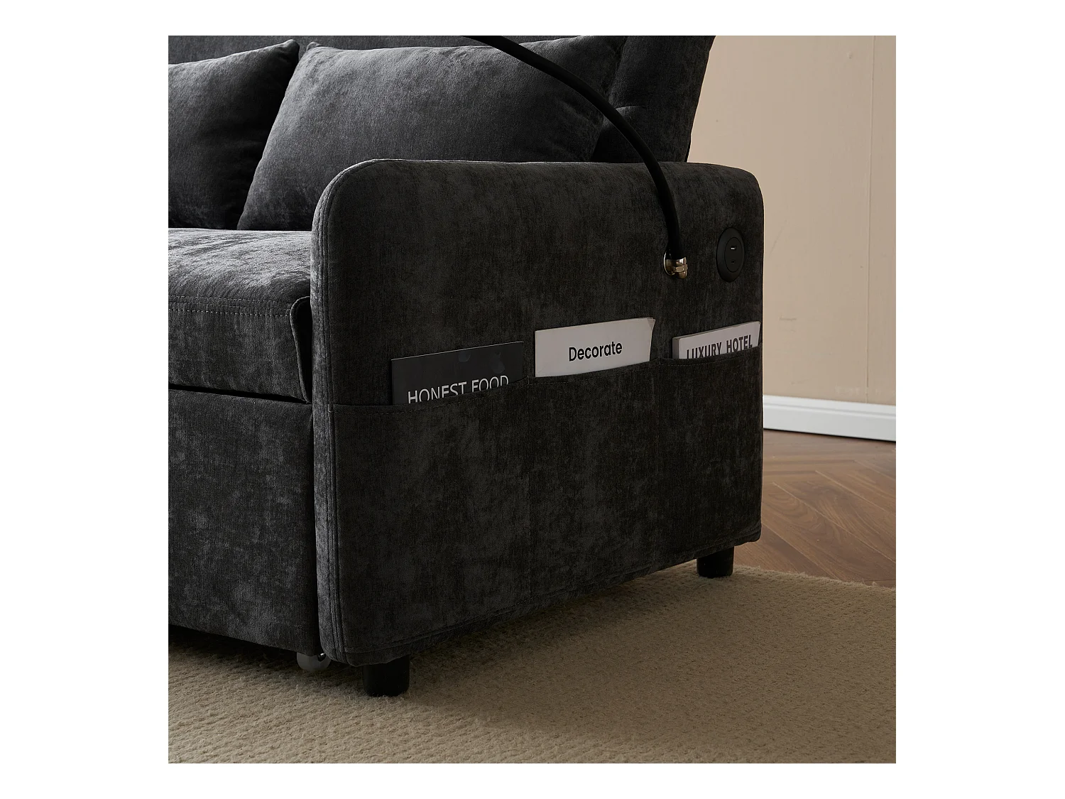 Canapé lit 2 places avec fonction dépliable, en chenille, avec porte-gobelets, USB, gris (129x76x81 cm)