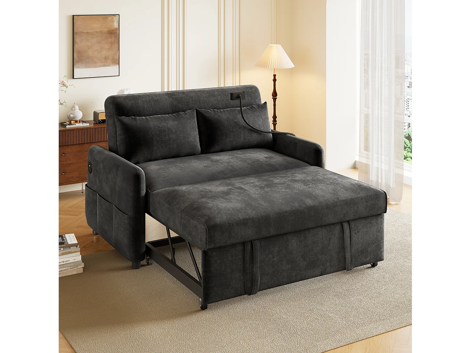 Canapé lit 2 places avec fonction dépliable, en chenille, avec porte-gobelets, USB, gris (129x76x81 cm)