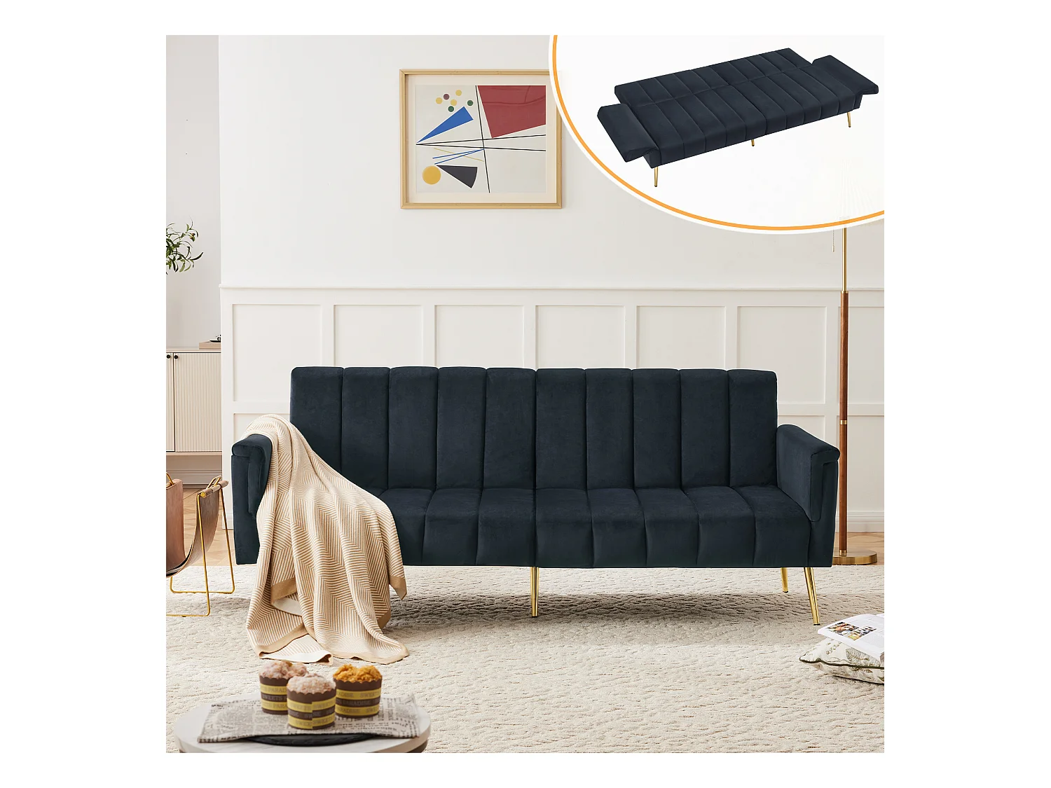 Canapé convertible 2 places, avec fonction lit, en velours, noir (183x76x75 cm)