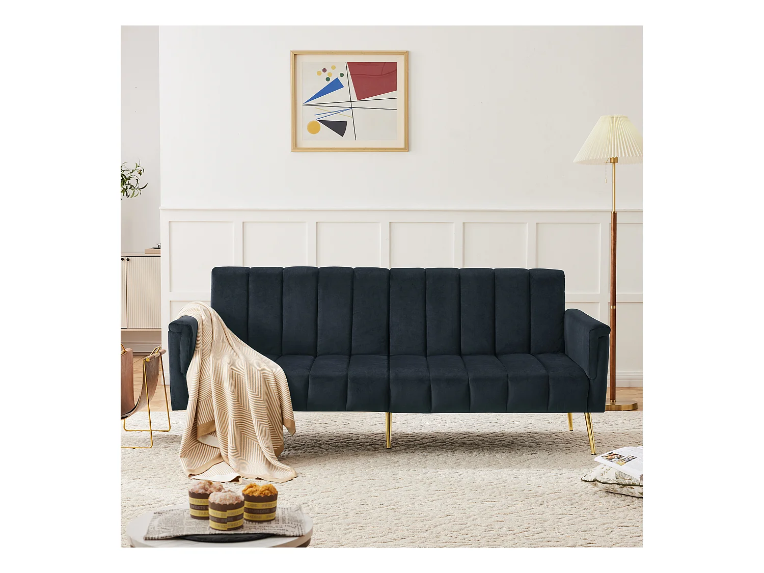 Canapé convertible 2 places, avec fonction lit, en velours, noir (183x76x75 cm)