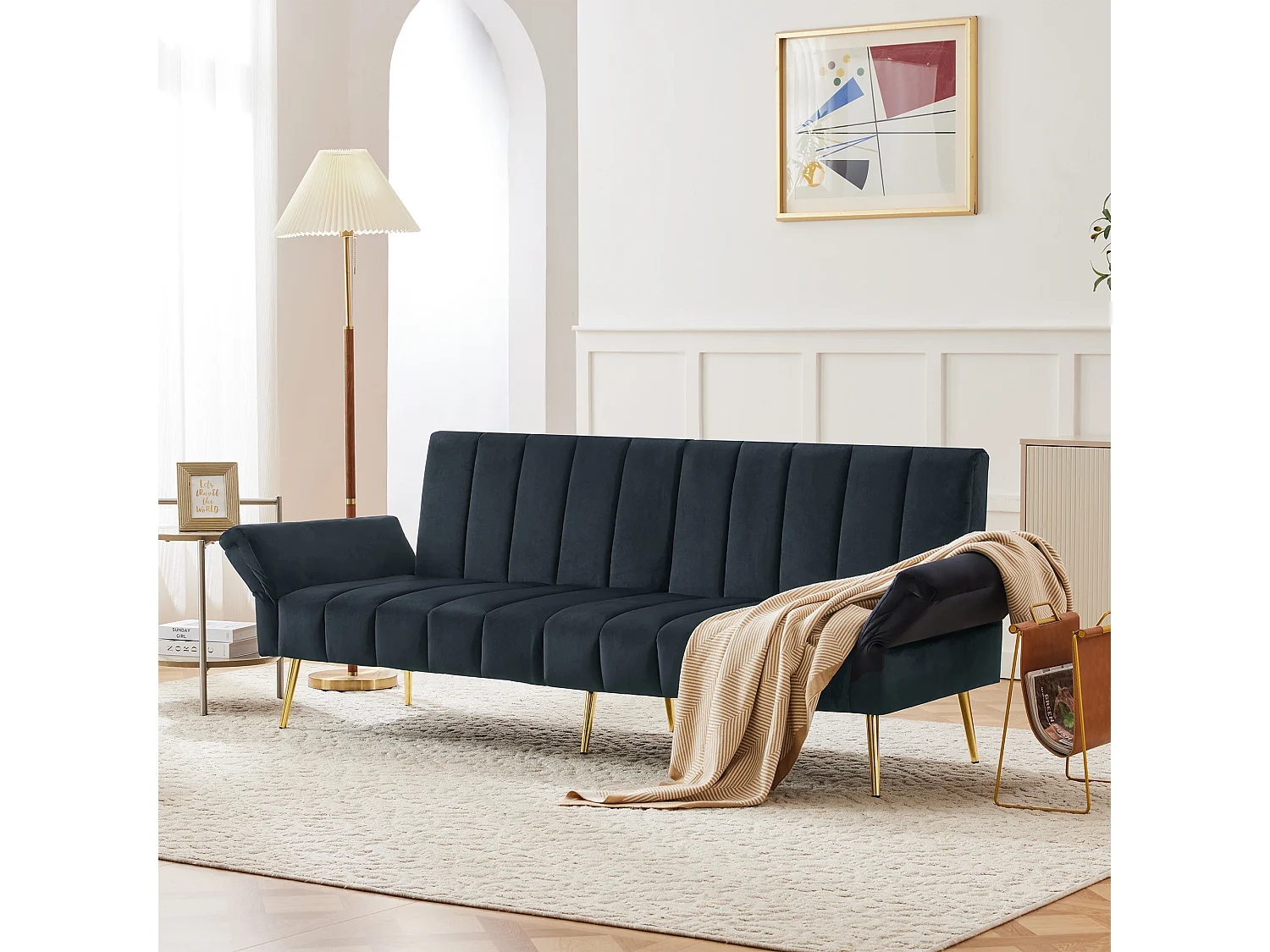 Canapé convertible 2 places, avec fonction lit, en velours, noir (183x76x75 cm)