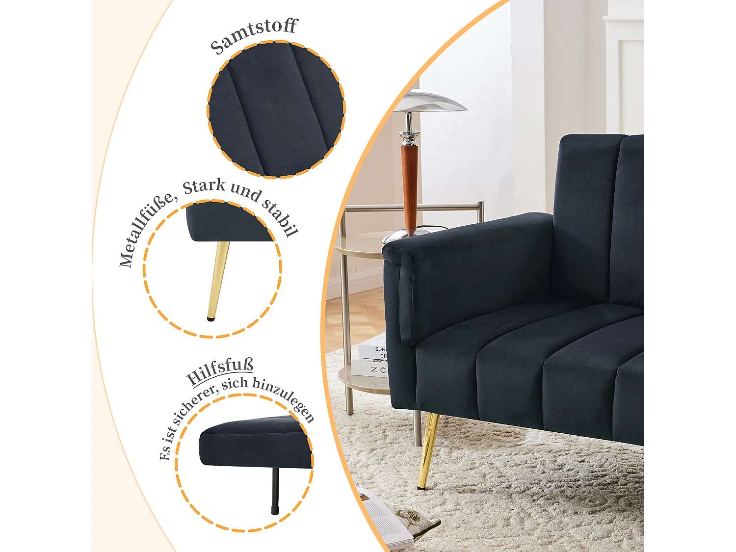 Canapé convertible 2 places, avec fonction lit, en velours, noir (183x76x75 cm)