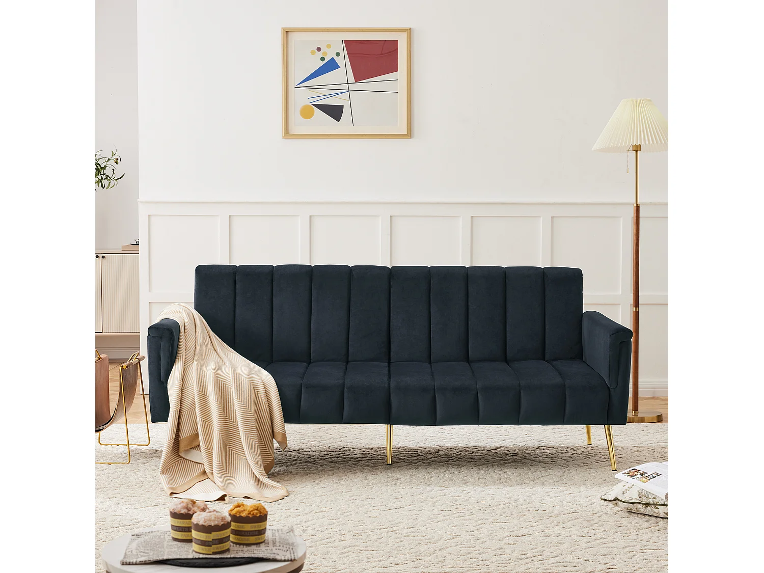 Canapé convertible 2 places, avec fonction lit, en velours, noir (183x76x75 cm)