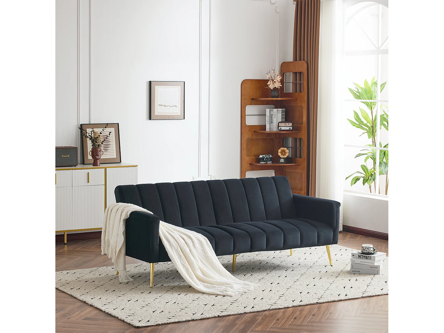 Canapé convertible 2 places, avec fonction lit, en velours, noir (183x76x75 cm)