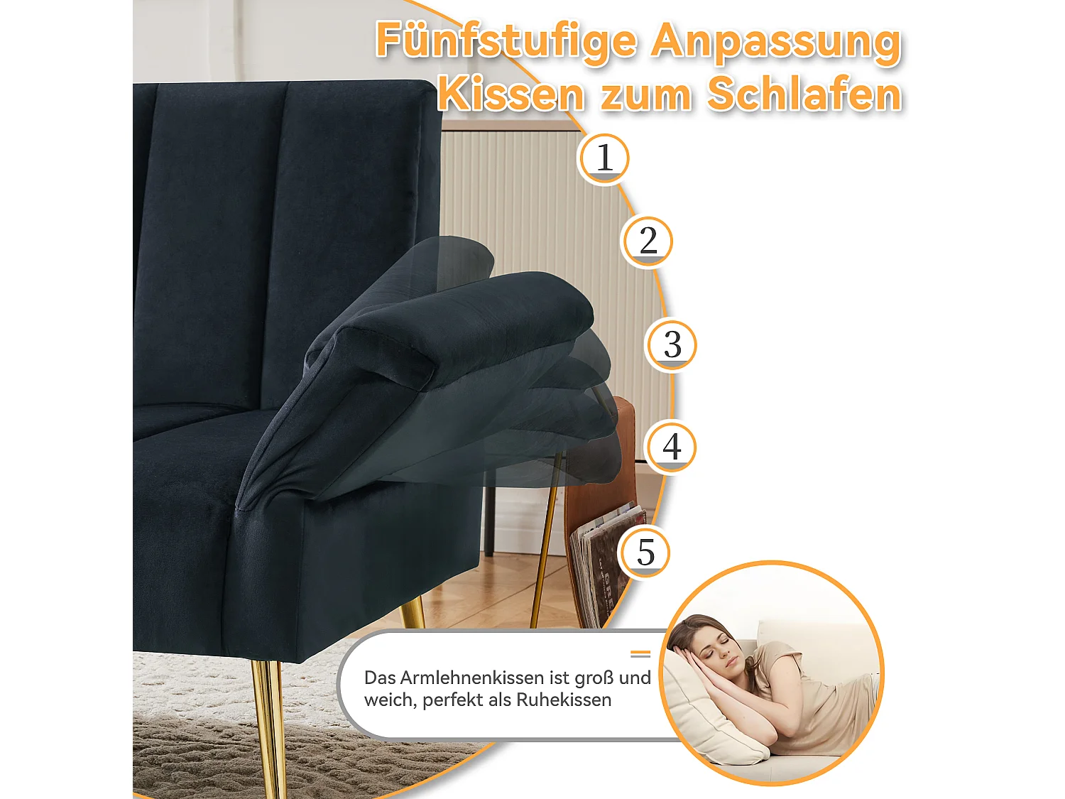 Canapé convertible 2 places, avec fonction lit, en velours, noir (183x76x75 cm)