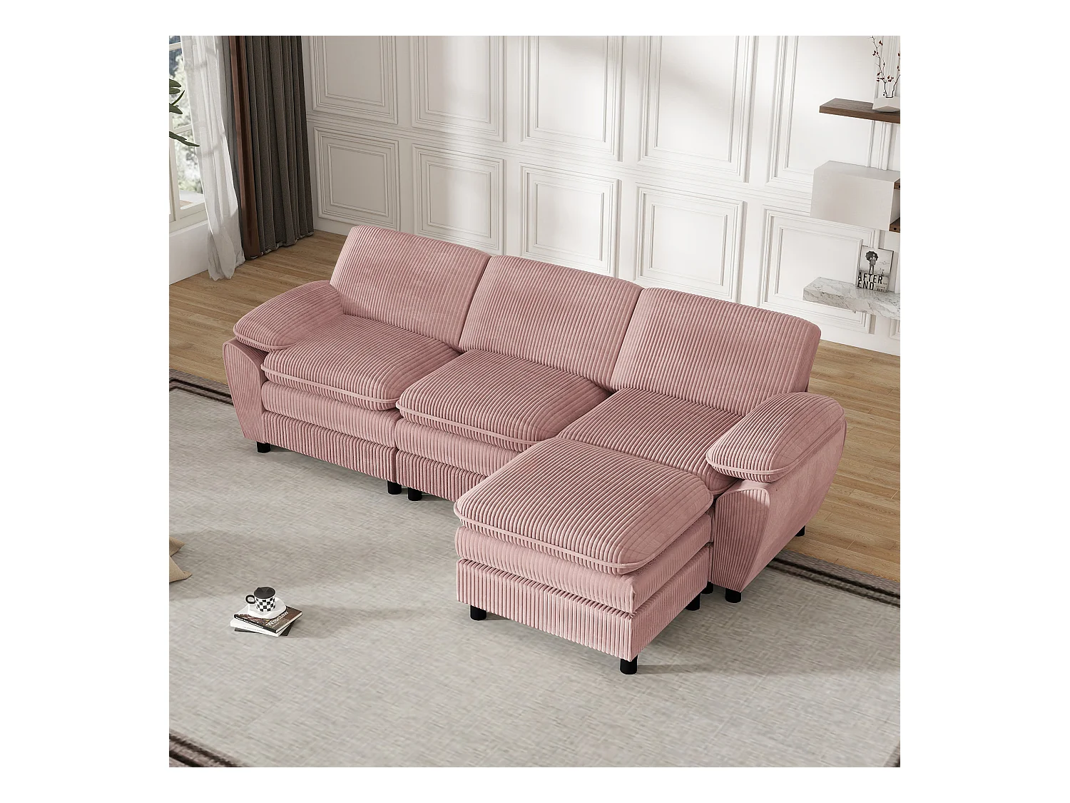 Divano moderno componibile con 3 cuscini e pouf sfoderabile, tessuto velluto, colore rosa, (258x86,1x87,8 cm)