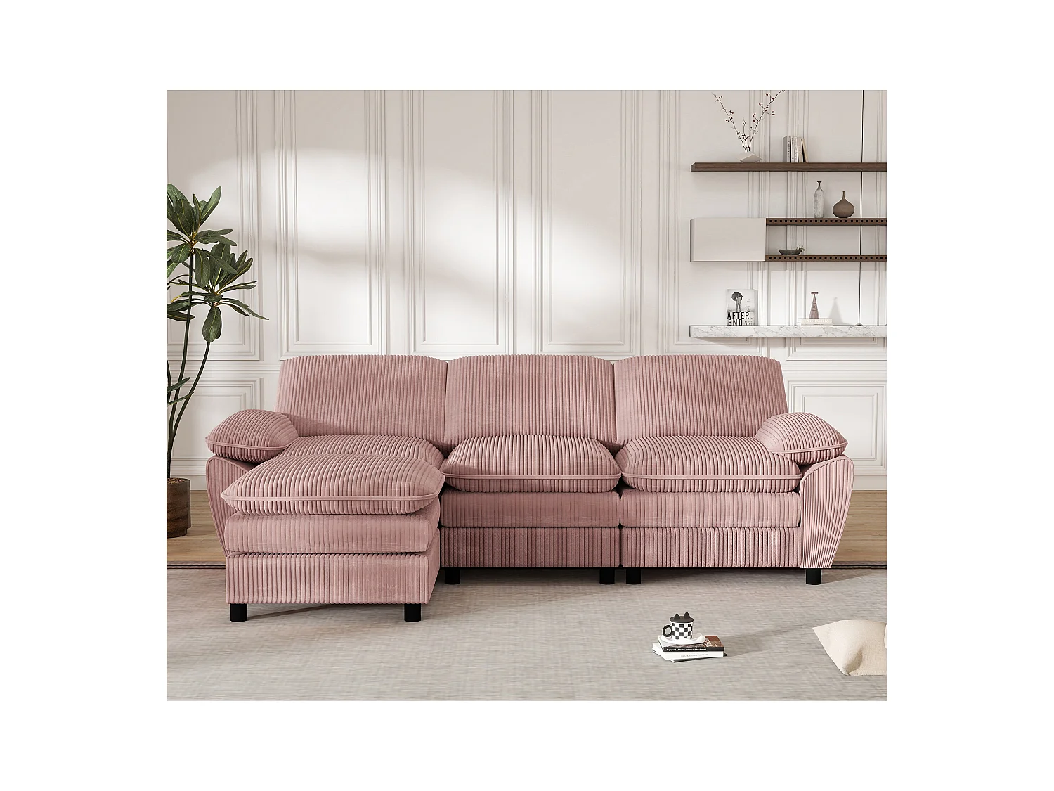 Divano moderno componibile con 3 cuscini e pouf sfoderabile, tessuto velluto, colore rosa, (258x86,1x87,8 cm)