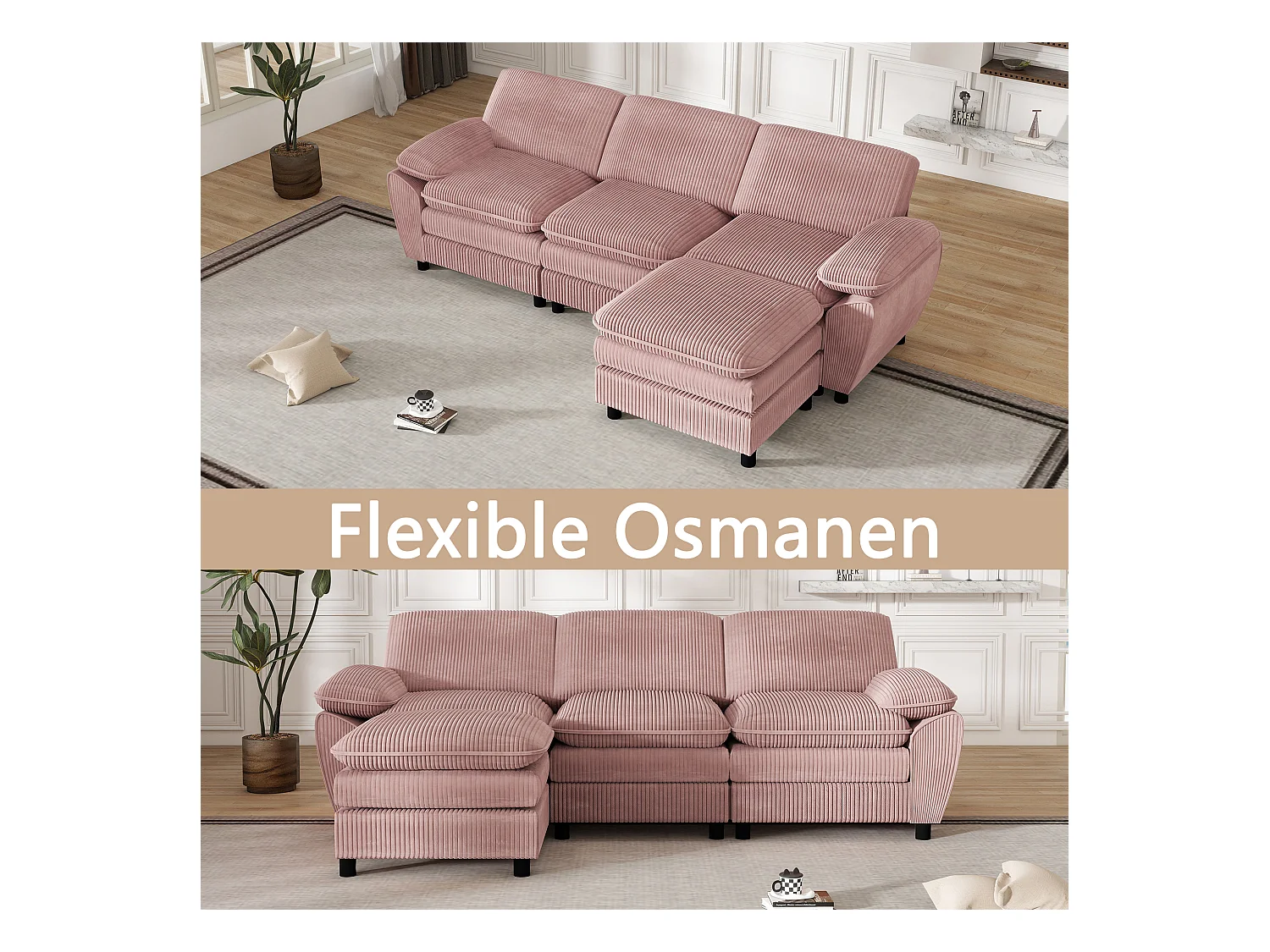Divano moderno componibile con 3 cuscini e pouf sfoderabile, tessuto velluto, colore rosa, (258x86,1x87,8 cm)