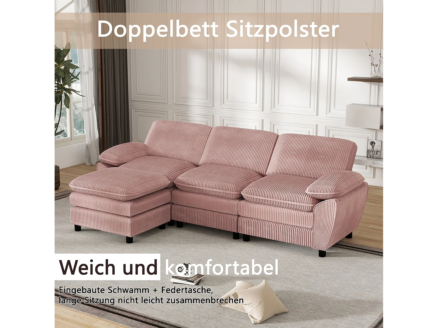 Divano moderno componibile con 3 cuscini e pouf sfoderabile, tessuto velluto, colore rosa, (258x86,1x87,8 cm)