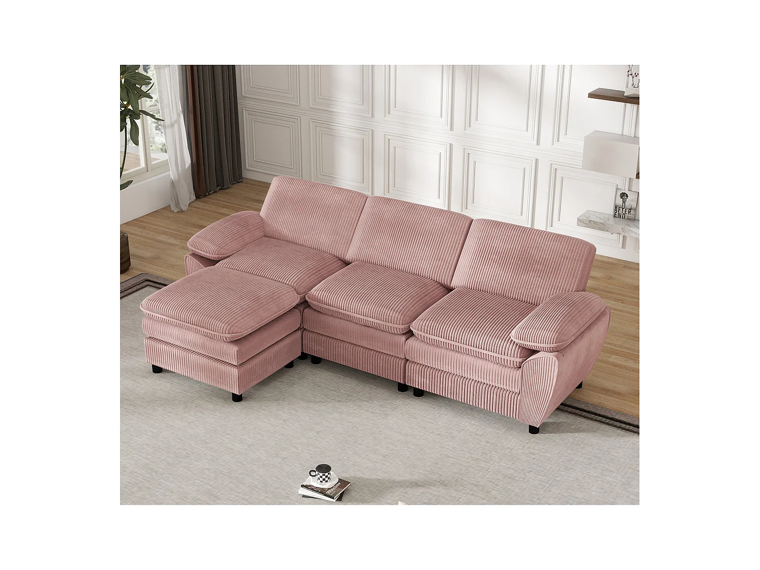 Moderne modulaire bank met 3 kussens en afneembare poef, fluwelen stof, kleur roze, (258x86.1x87.8 cm)