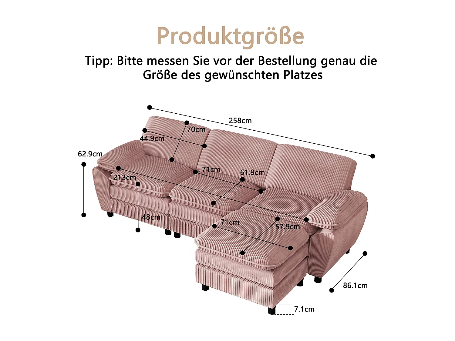 Moderne modulaire bank met 3 kussens en afneembare poef, fluwelen stof, kleur roze, (258x86.1x87.8 cm)