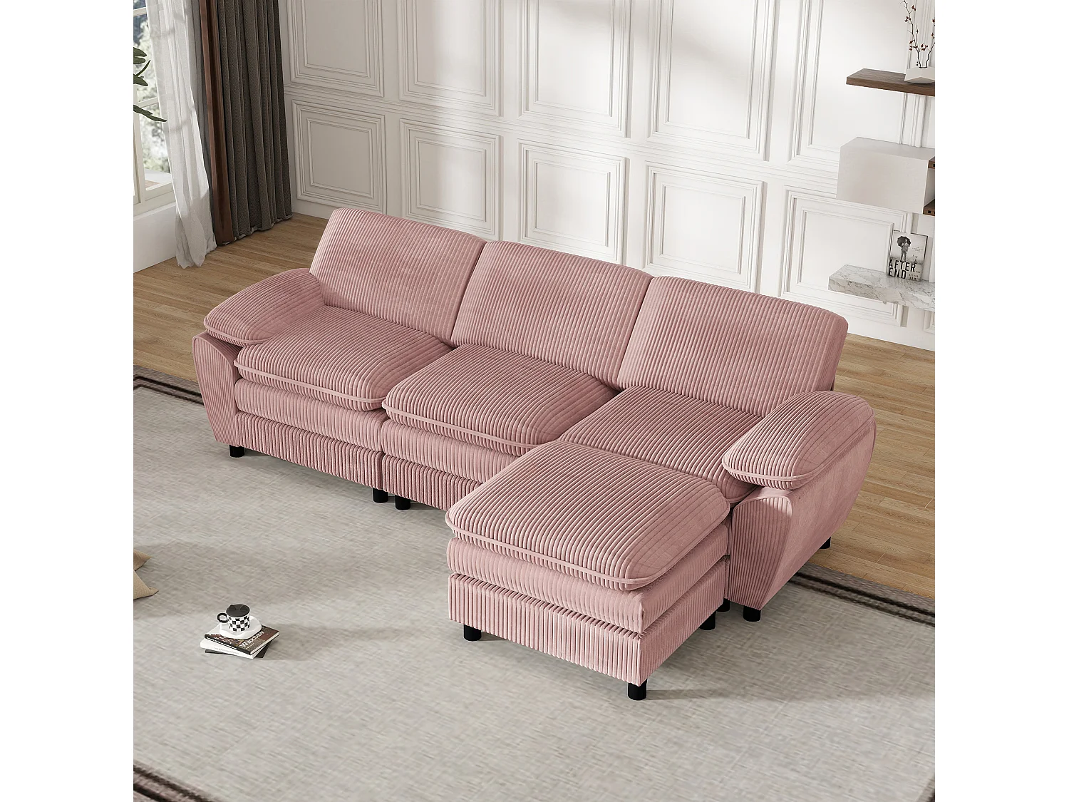 Canapé modulable moderne avec 3 coussins et Pouf amovible, tissu en velours, coloris rose, (258x86.1x87.8 cm)