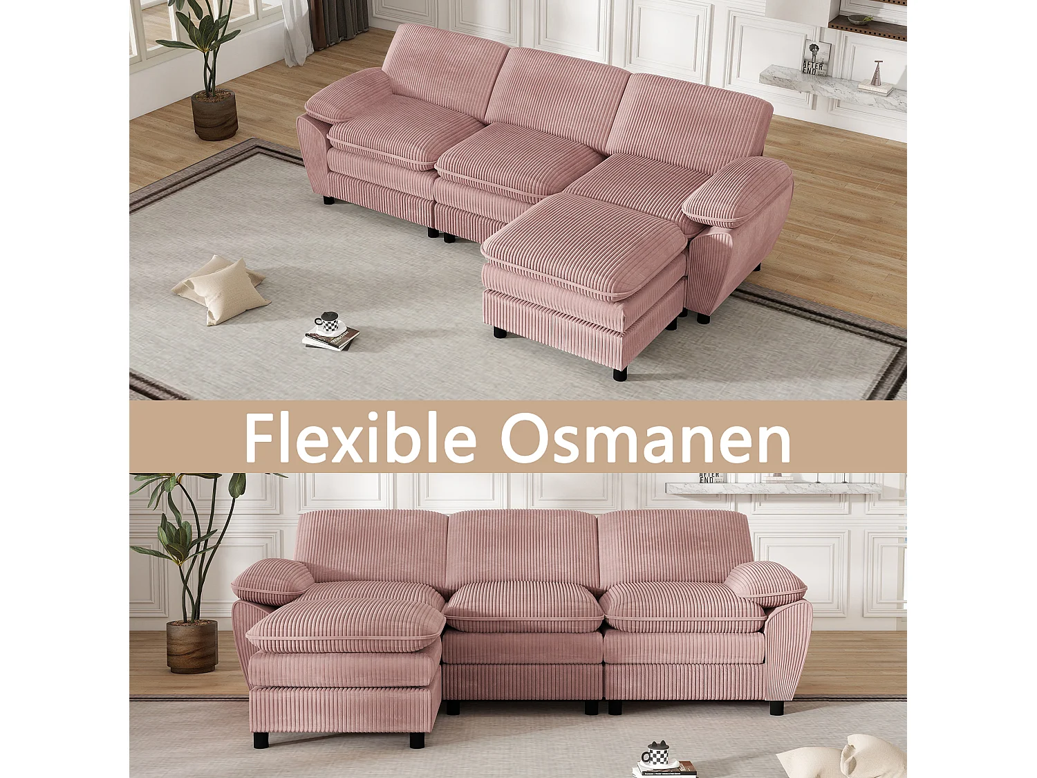 Canapé modulable moderne avec 3 coussins et Pouf amovible, tissu en velours, coloris rose, (258x86.1x87.8 cm)