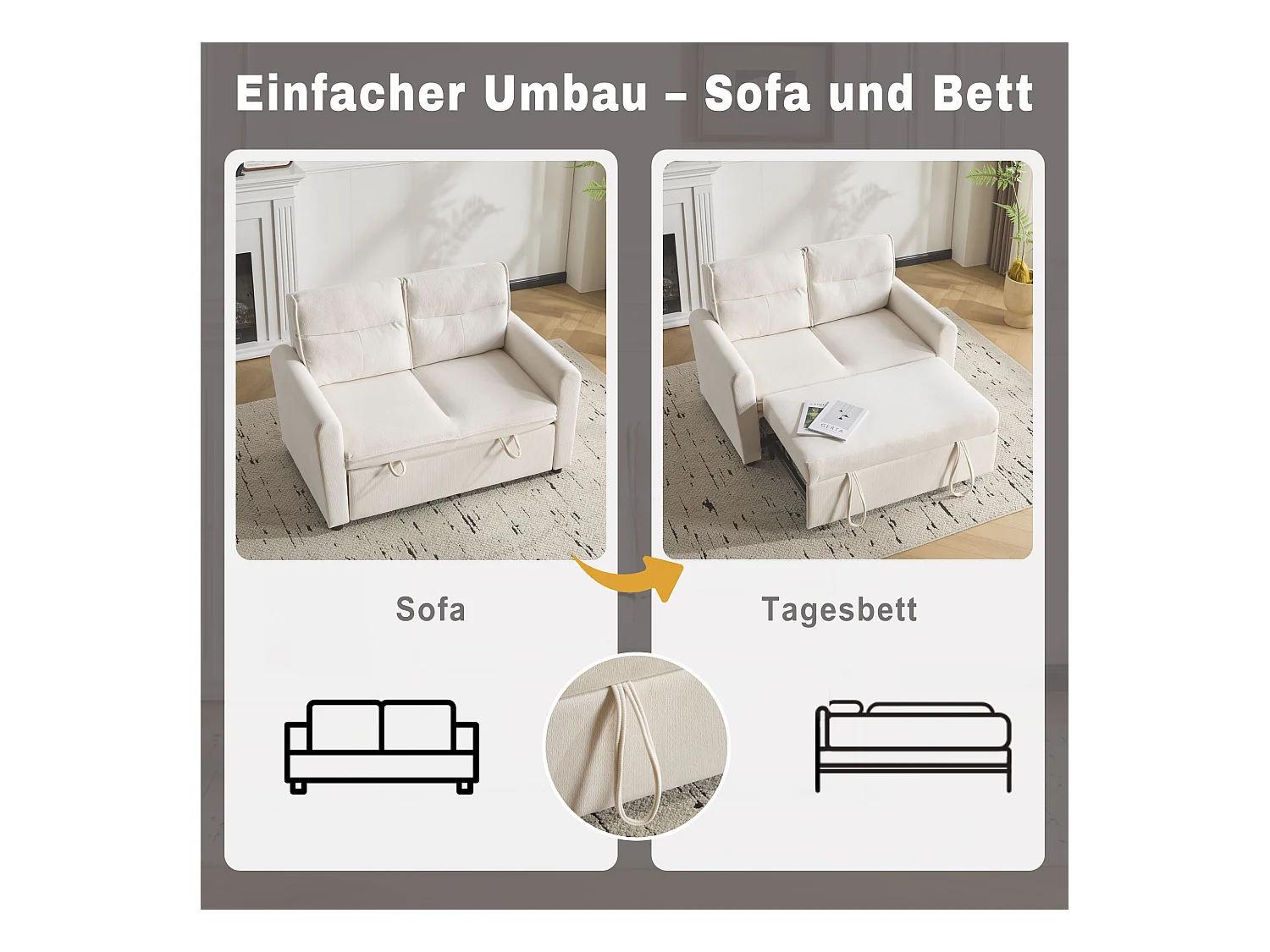 Canapé convertible 2 places, velours, dossier réglable 5 positions, pieds en plastique, fonction lit, beige clair (127x90x87 cm)