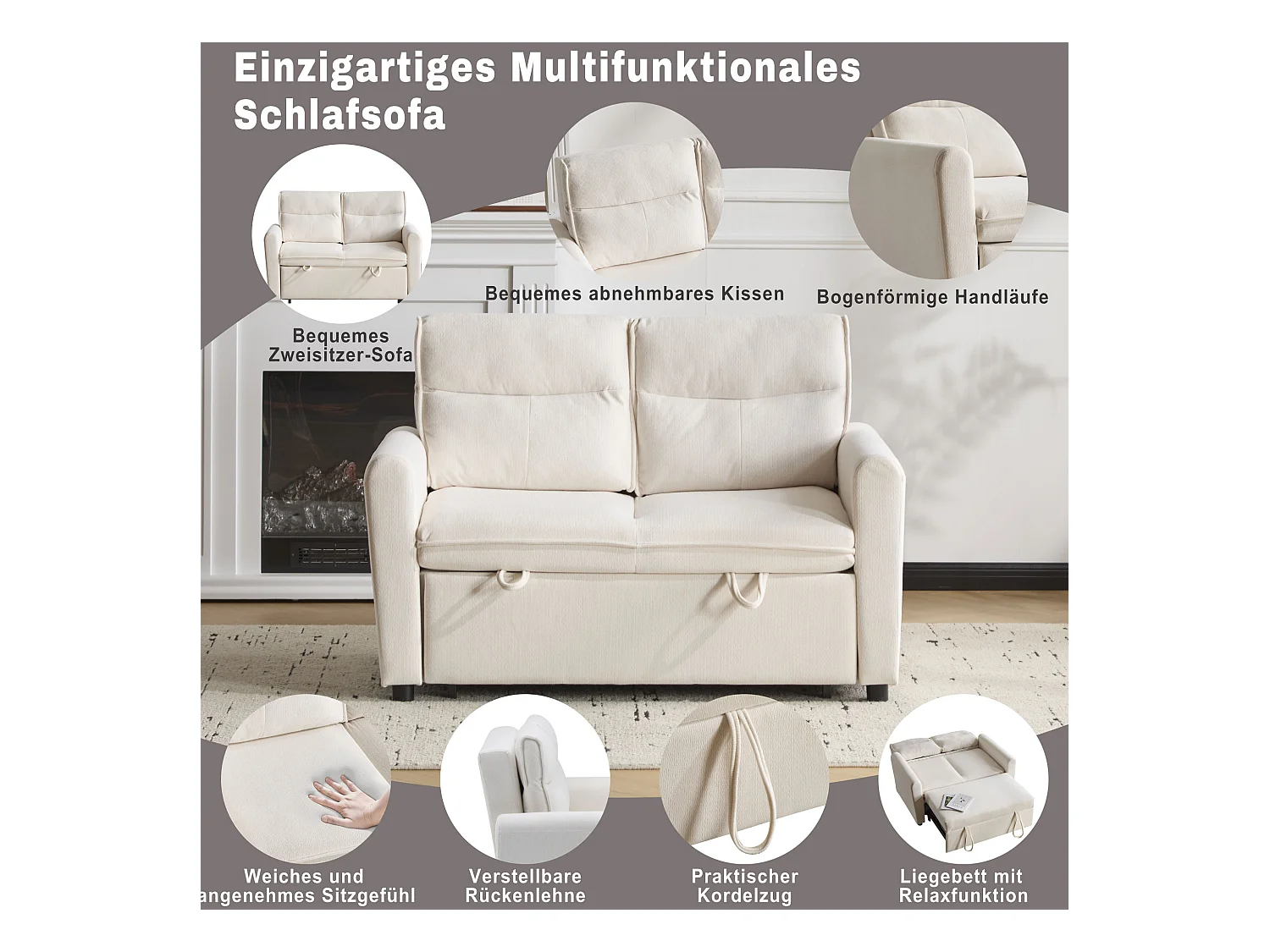 Canapé convertible 2 places, velours, dossier réglable 5 positions, pieds en plastique, fonction lit, beige clair (127x90x87 cm)