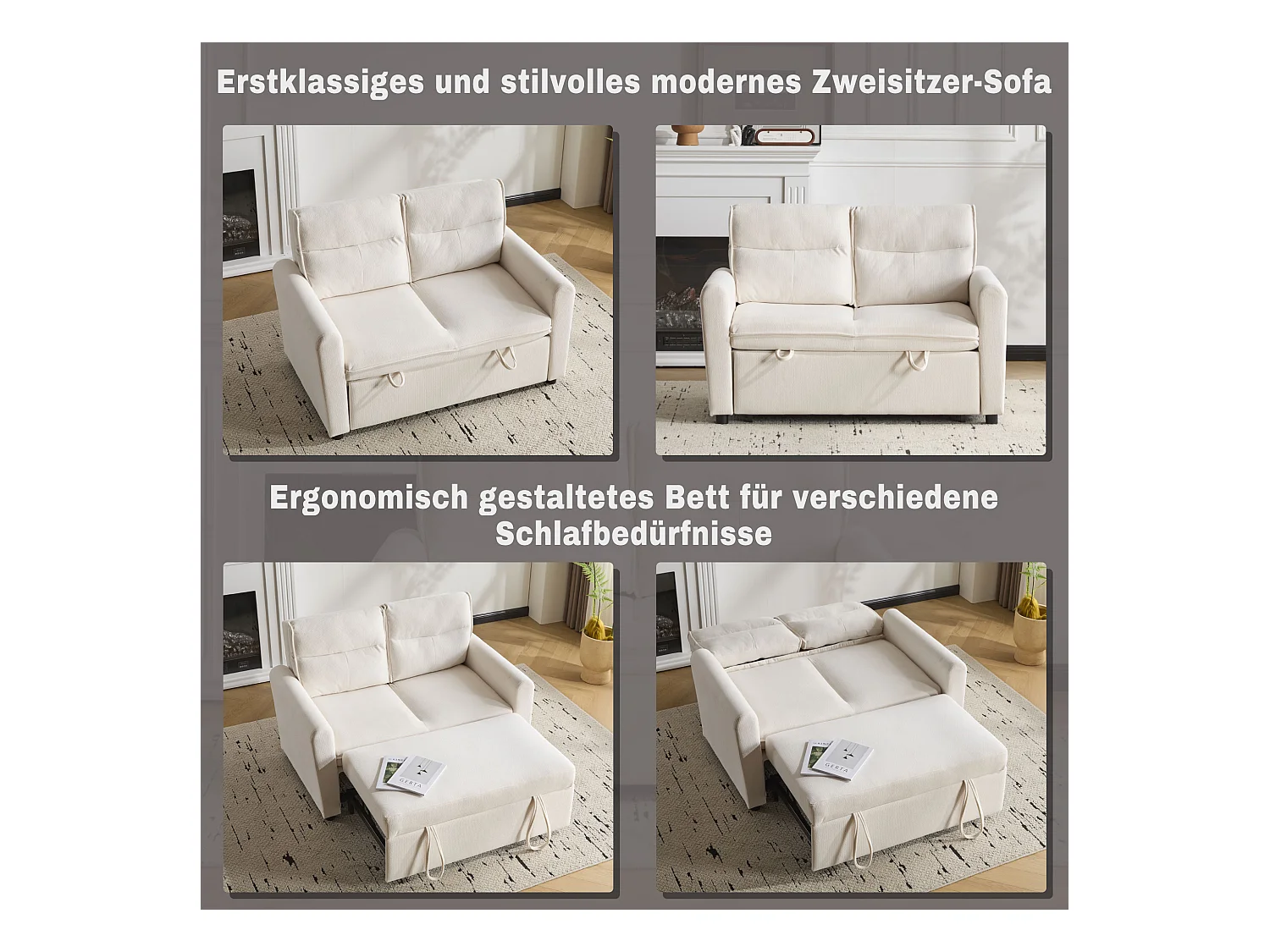 Canapé convertible 2 places, velours, dossier réglable 5 positions, pieds en plastique, fonction lit, beige clair (127x90x87 cm)