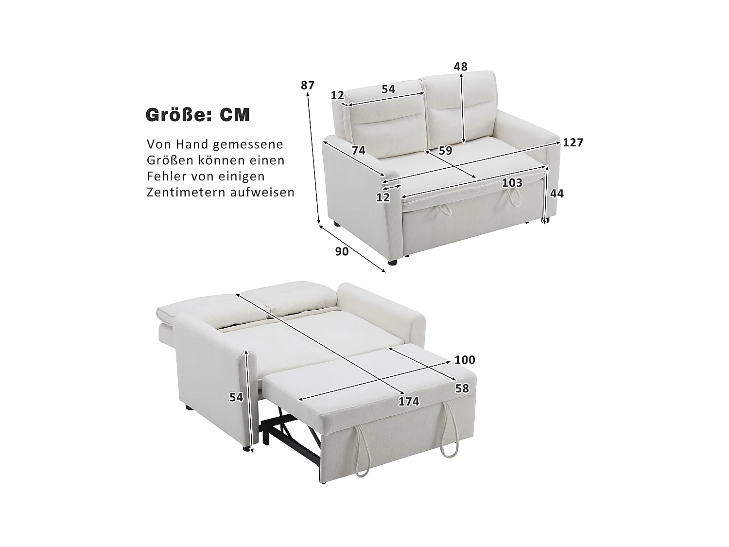 2-zits slaapbank, fluweel, 5-voudig verstelbare rugleuning, kunststof poten, bedfunctie, lichtbeige (127x90x87 cm)