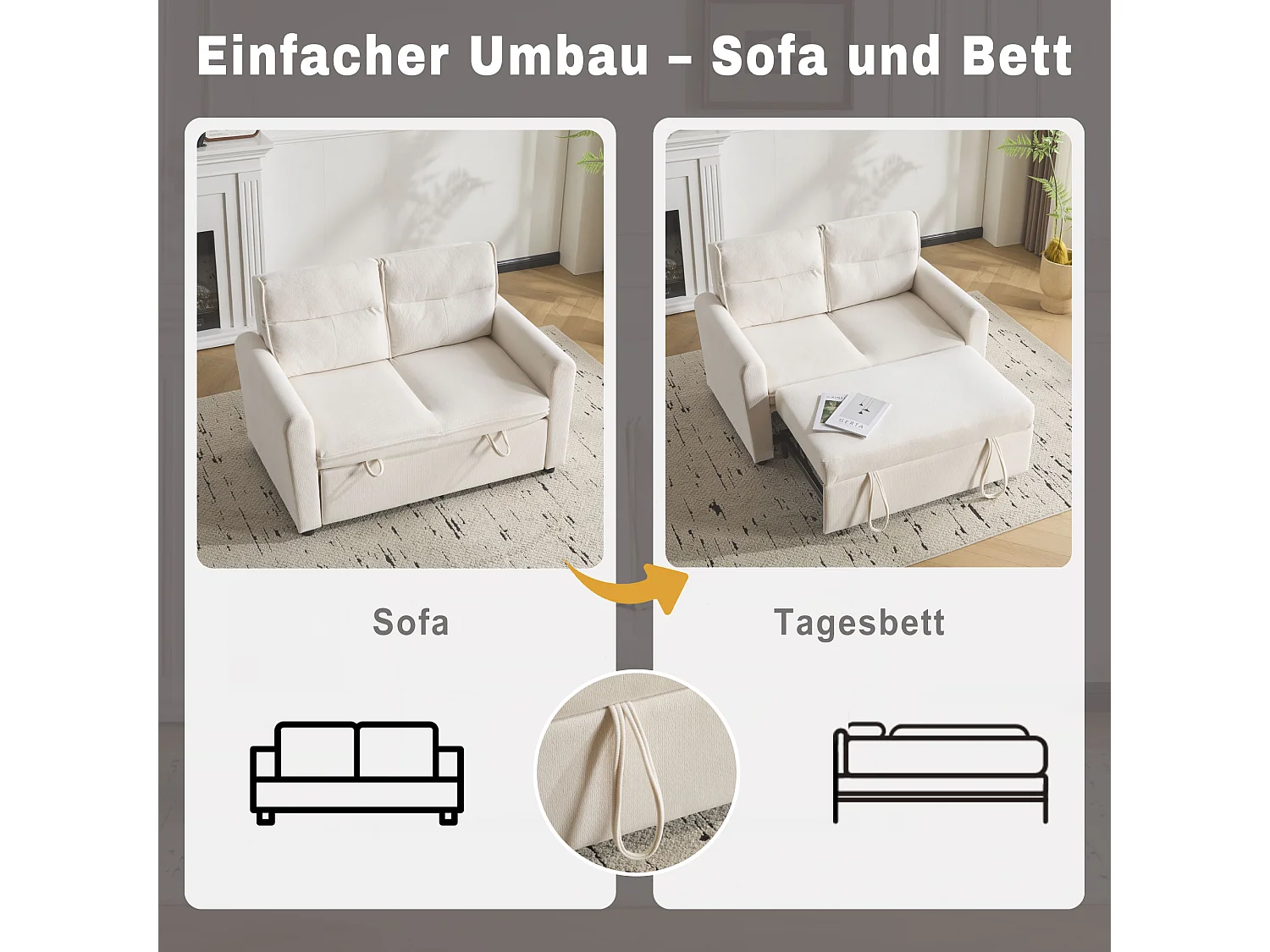 Canapé convertible 2 places, velours, dossier réglable 5 positions, pieds en plastique, fonction lit, beige clair (127x90x87 cm)