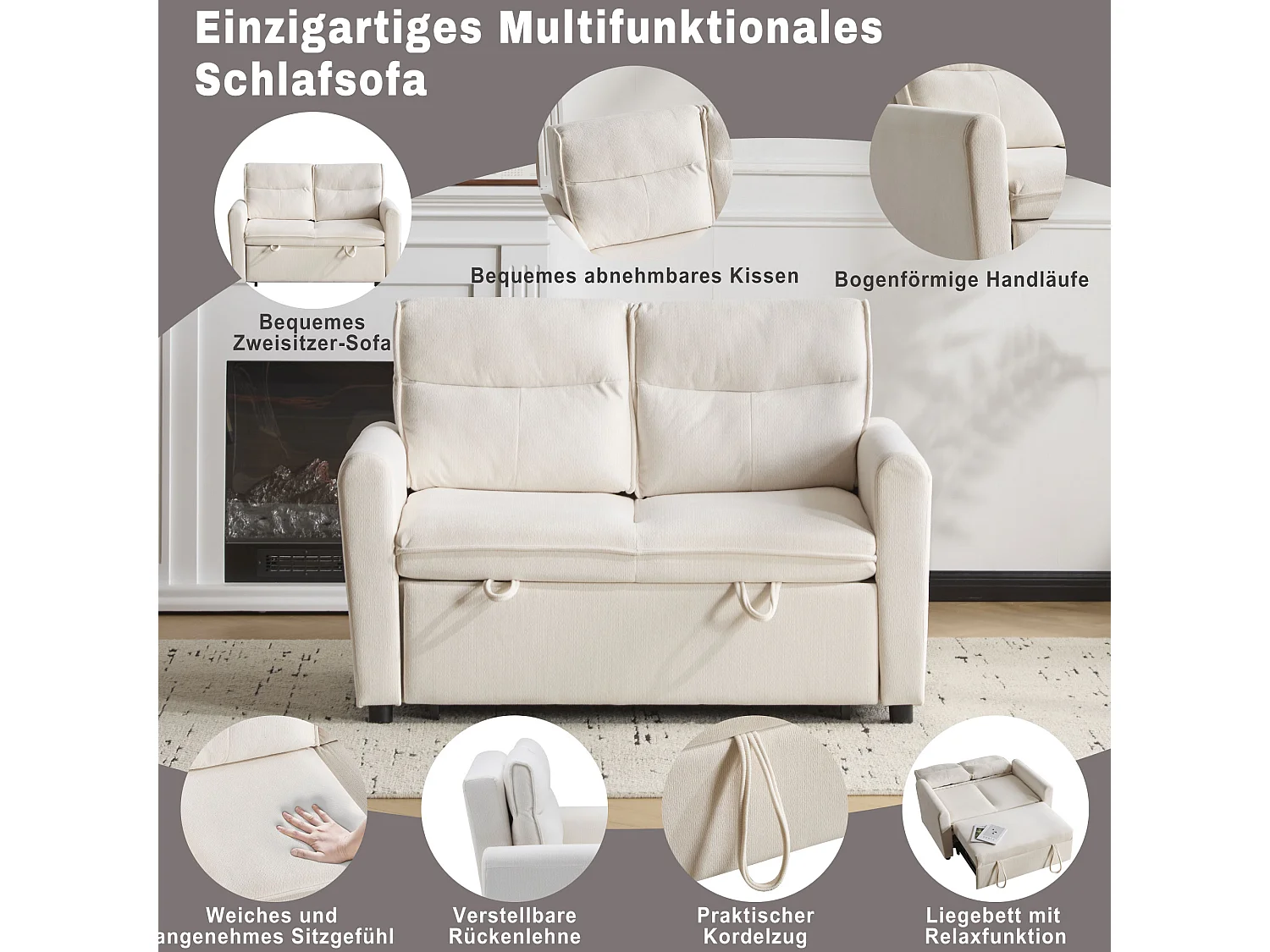 Canapé convertible 2 places, velours, dossier réglable 5 positions, pieds en plastique, fonction lit, beige clair (127x90x87 cm)