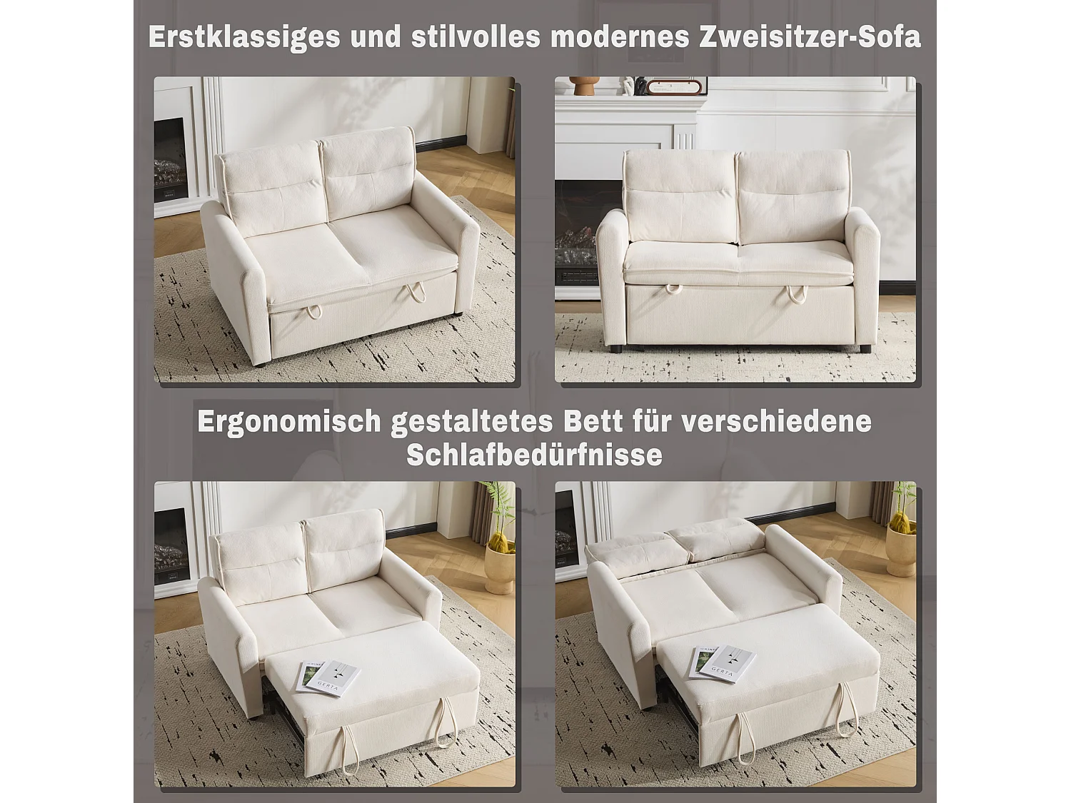 Canapé convertible 2 places, velours, dossier réglable 5 positions, pieds en plastique, fonction lit, beige clair (127x90x87 cm)