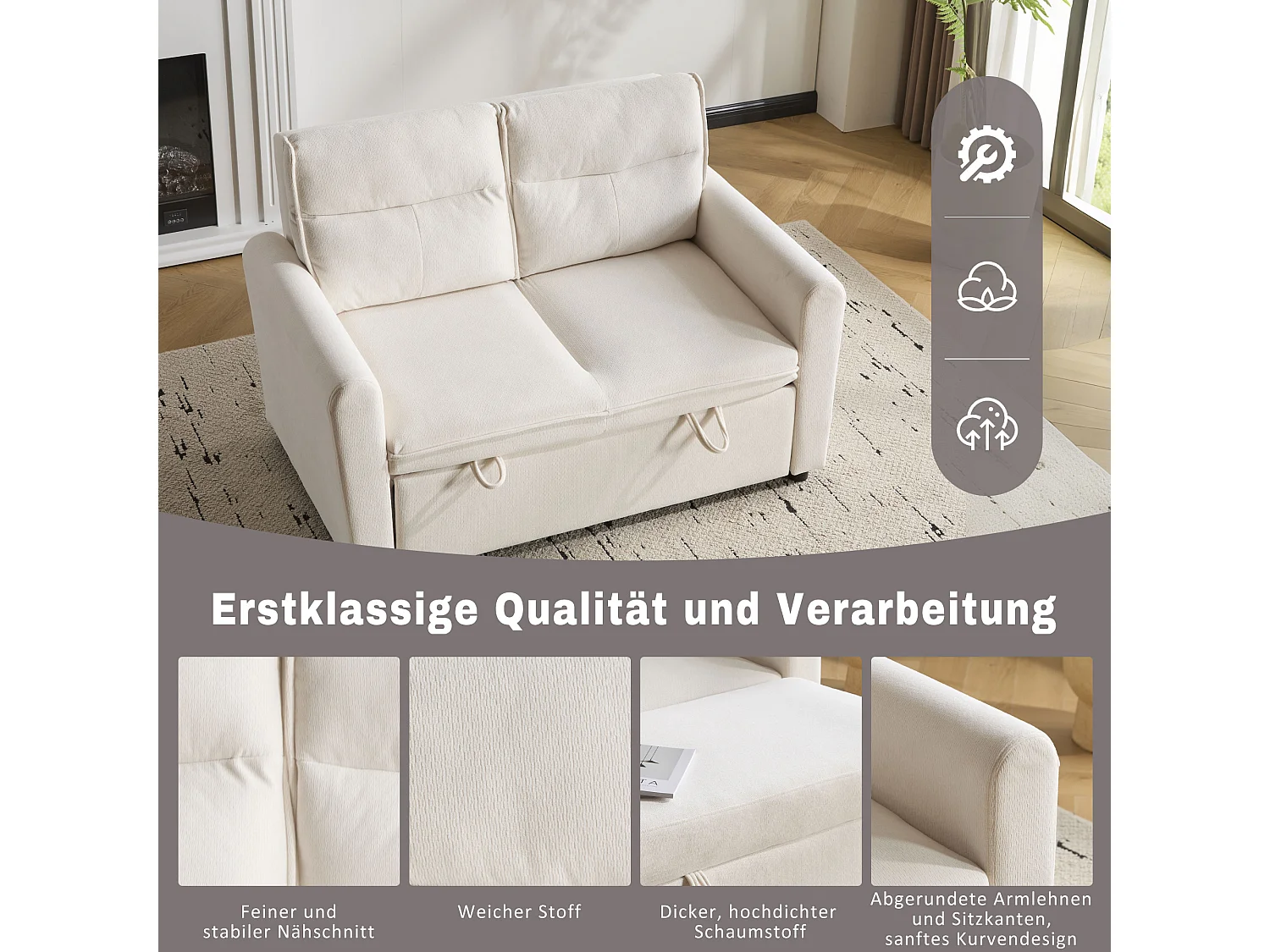 Canapé convertible 2 places, velours, dossier réglable 5 positions, pieds en plastique, fonction lit, beige clair (127x90x87 cm)