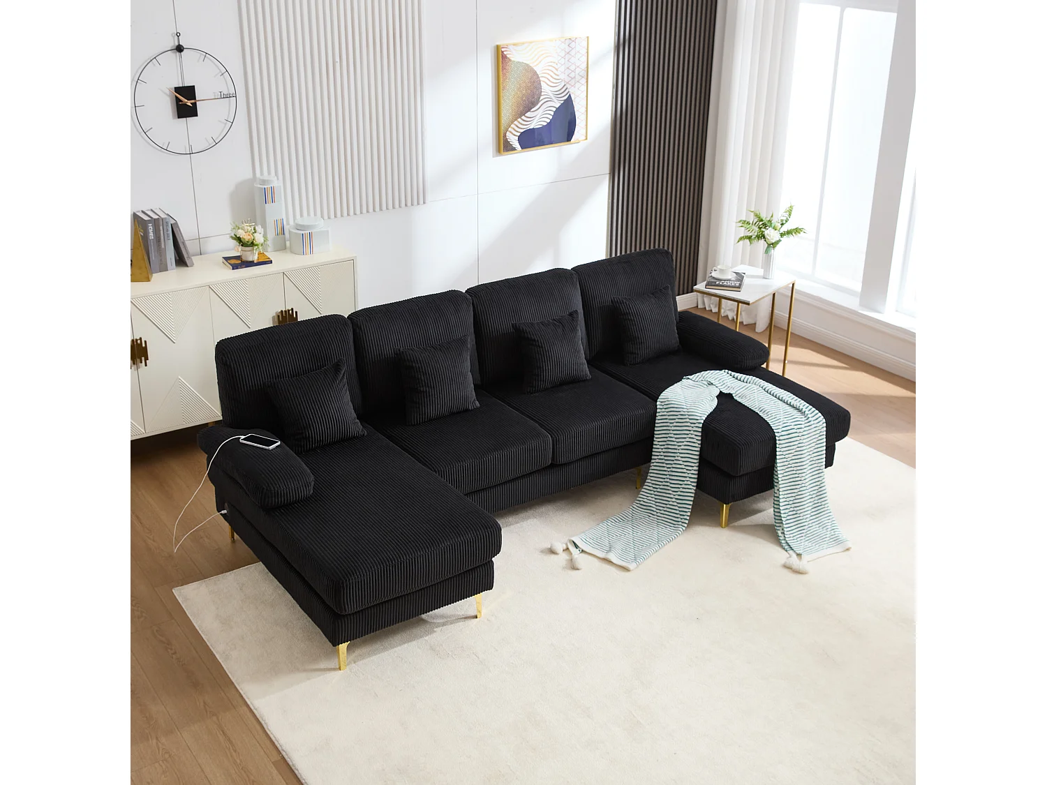 Divano angolare in velluto con illuminazione a LED e porte USB-C, design contemporaneo, nero (240x170x85cm)