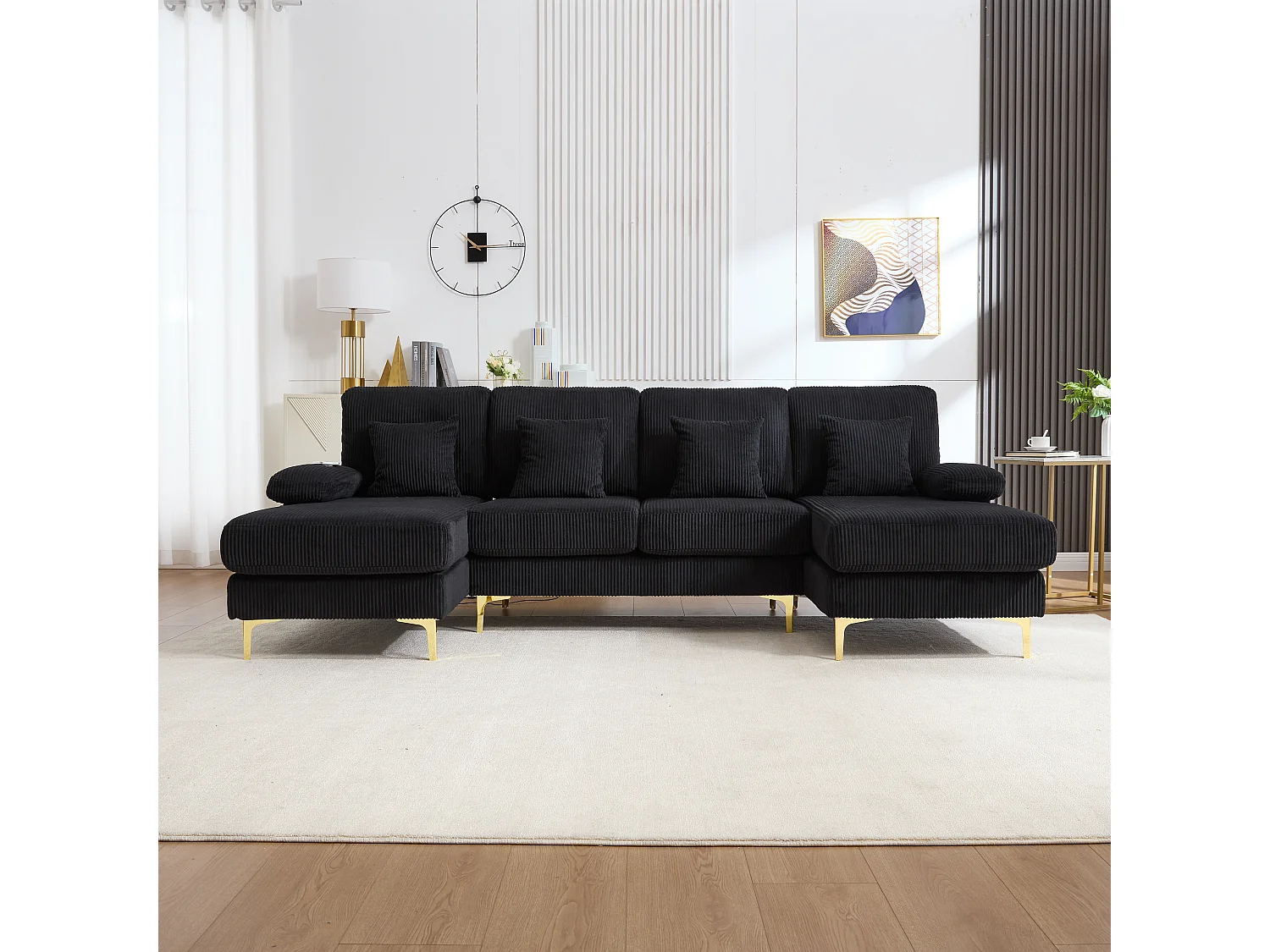 Divano angolare in velluto con illuminazione a LED e porte USB-C, design contemporaneo, nero (240x170x85cm)