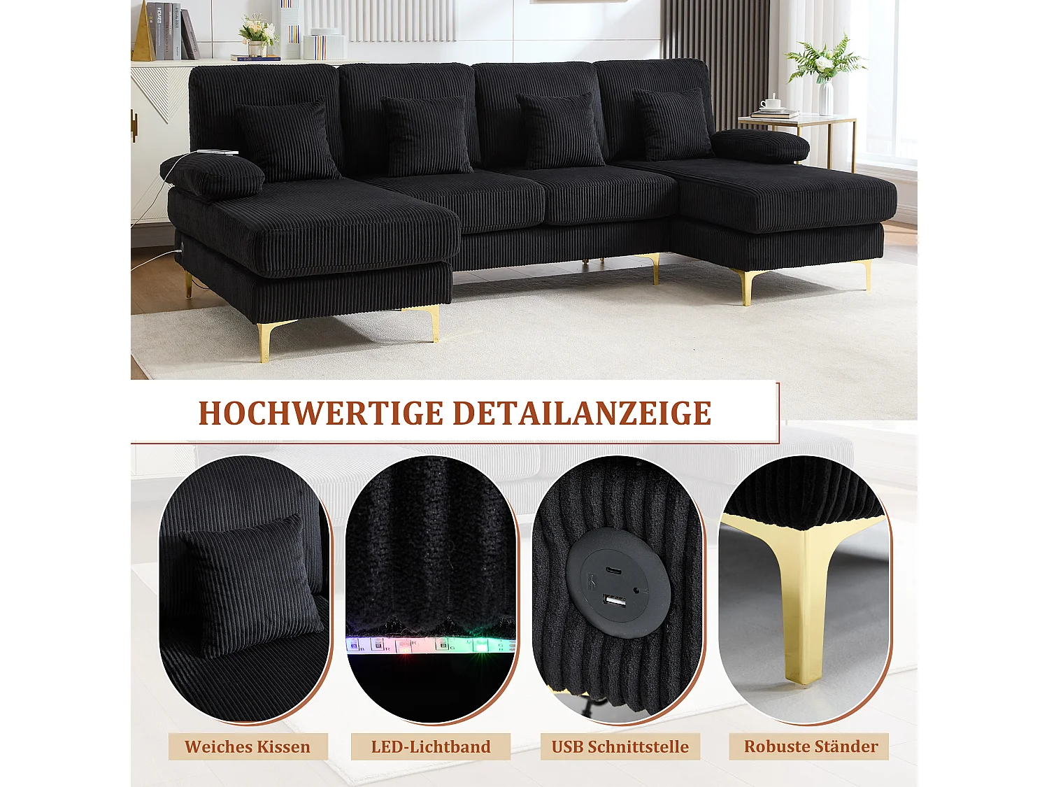 Divano angolare in velluto con illuminazione a LED e porte USB-C, design contemporaneo, nero (240x170x85cm)