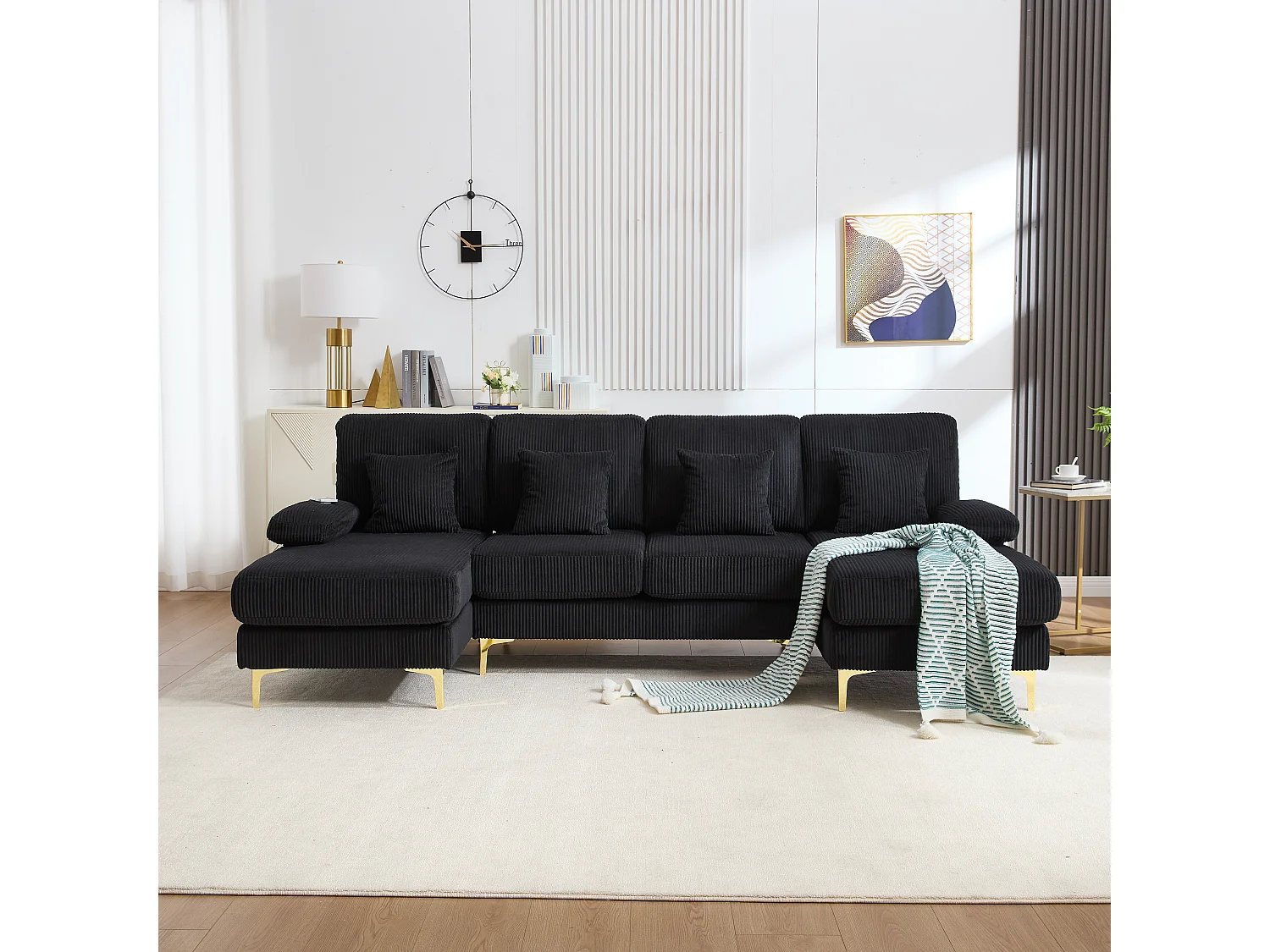 Canapé d'angle en velours avec éclairage LED et ports USB-C, design contemporain, noir (240x170x85cm)