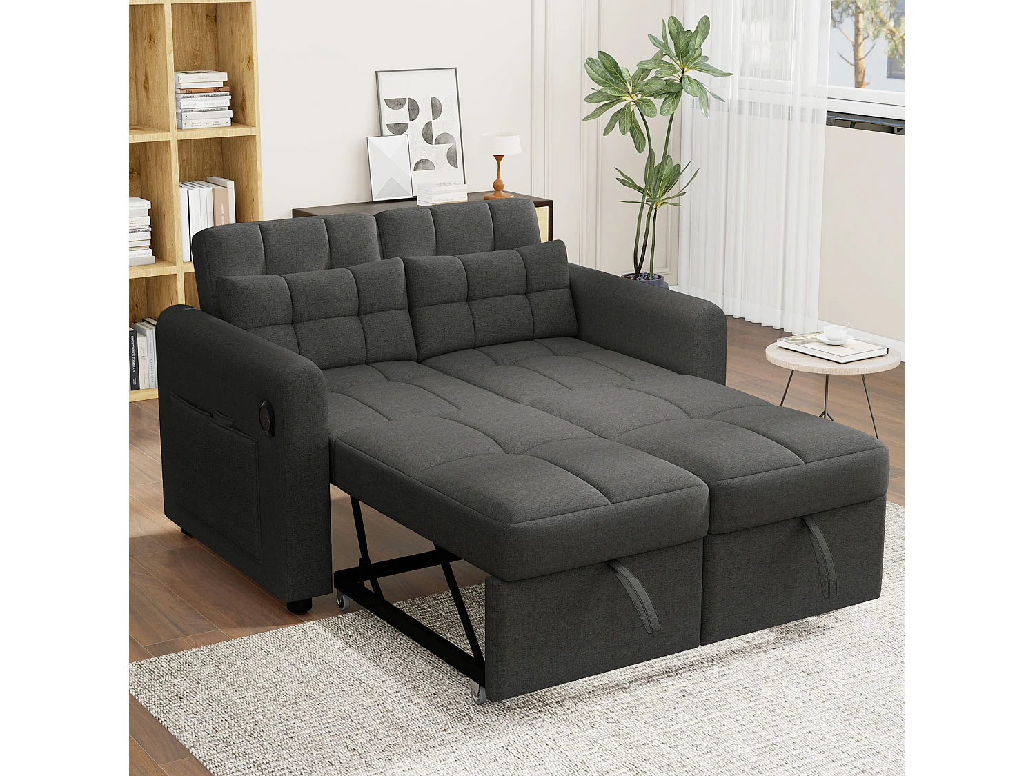 Sofá convertible 3 en 1 con respaldo regulable, tejido de algodón y lino, beige (142x85x83 cm)