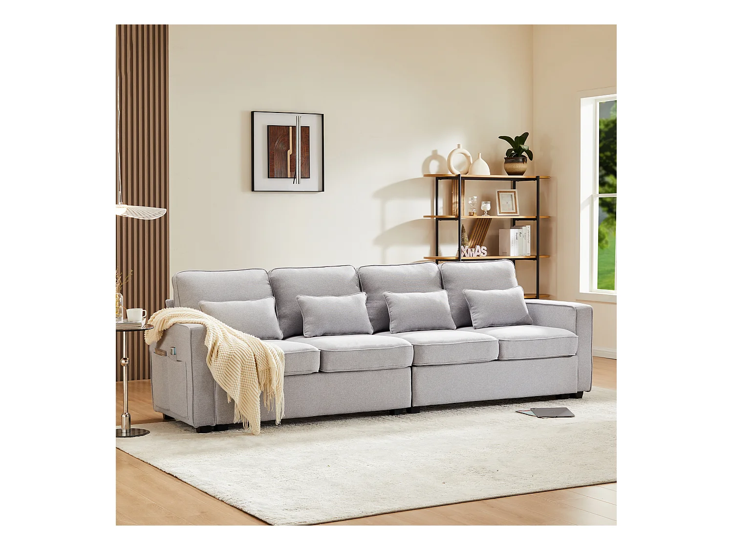 Moderne 4-zits linnen bank met armleuningzakken en 4 kussens, grijs (264x83x87 cm)