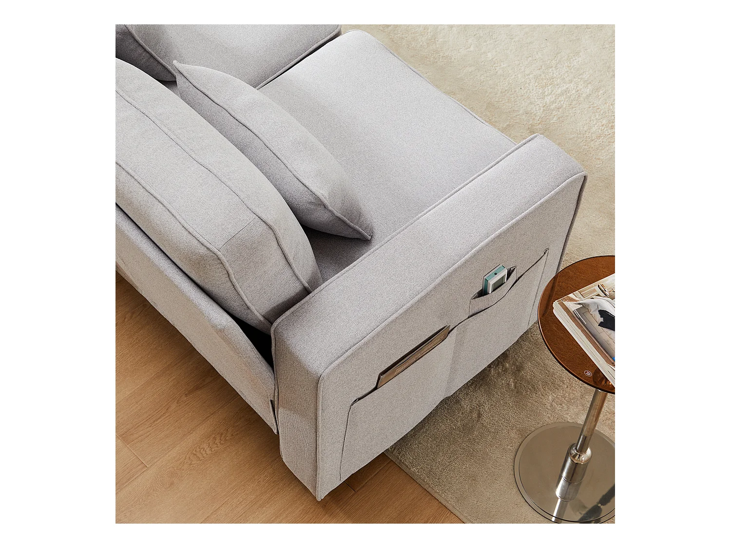 Moderne 4-zits linnen bank met armleuningzakken en 4 kussens, grijs (264x83x87 cm)