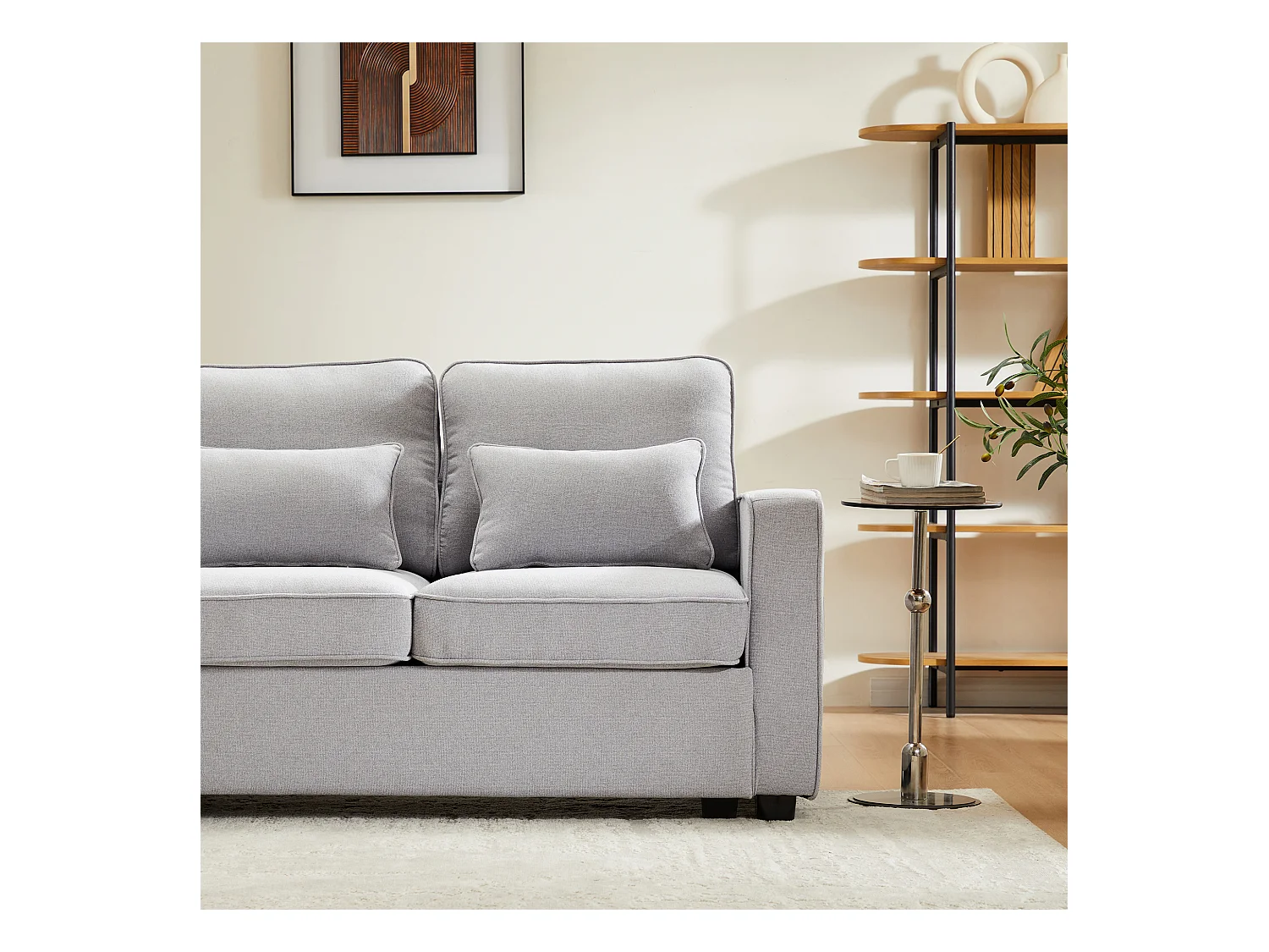 Moderne 4-zits linnen bank met armleuningzakken en 4 kussens, grijs (264x83x87 cm)