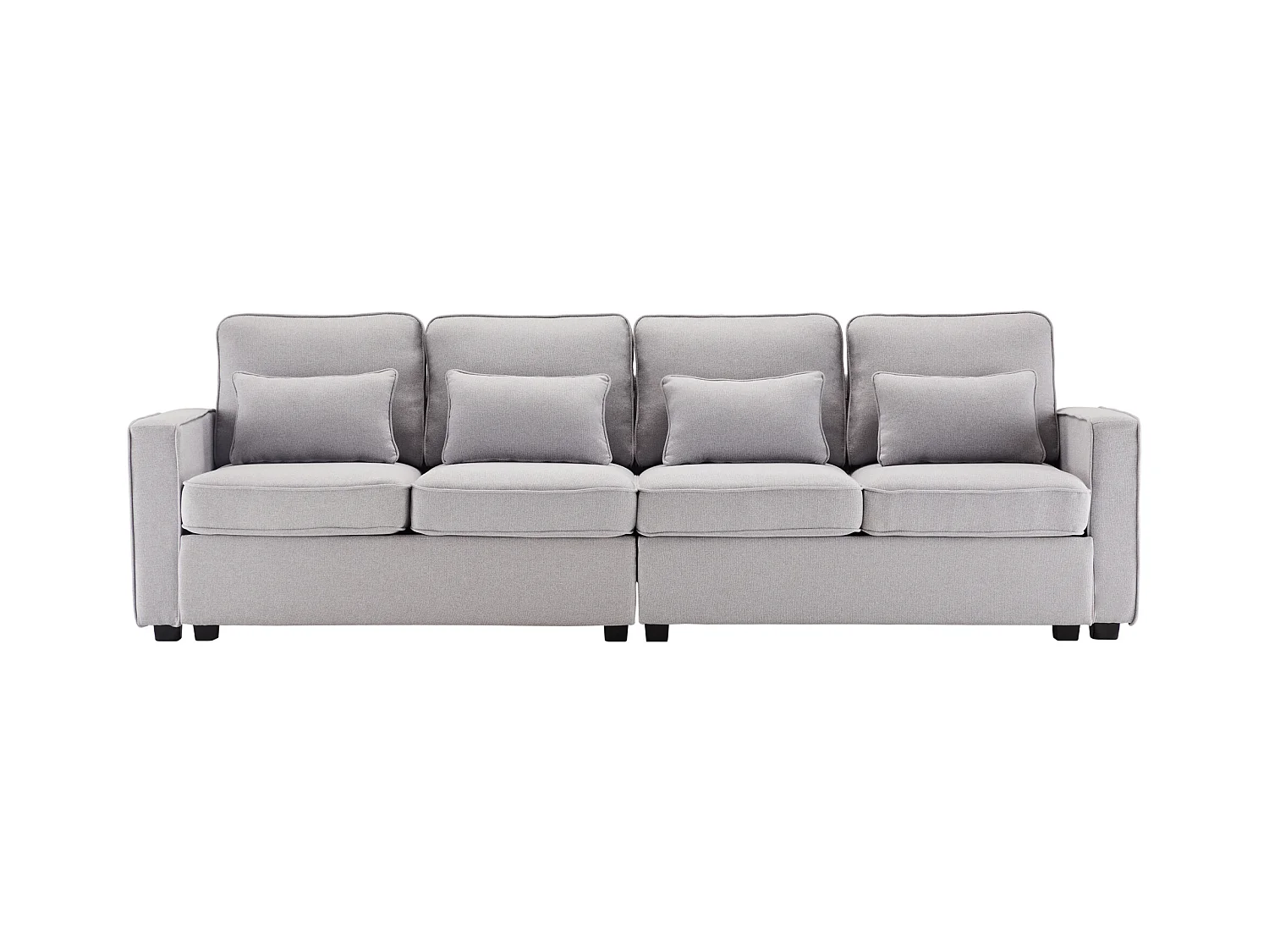 Moderne 4-zits linnen bank met armleuningzakken en 4 kussens, grijs (264x83x87 cm)