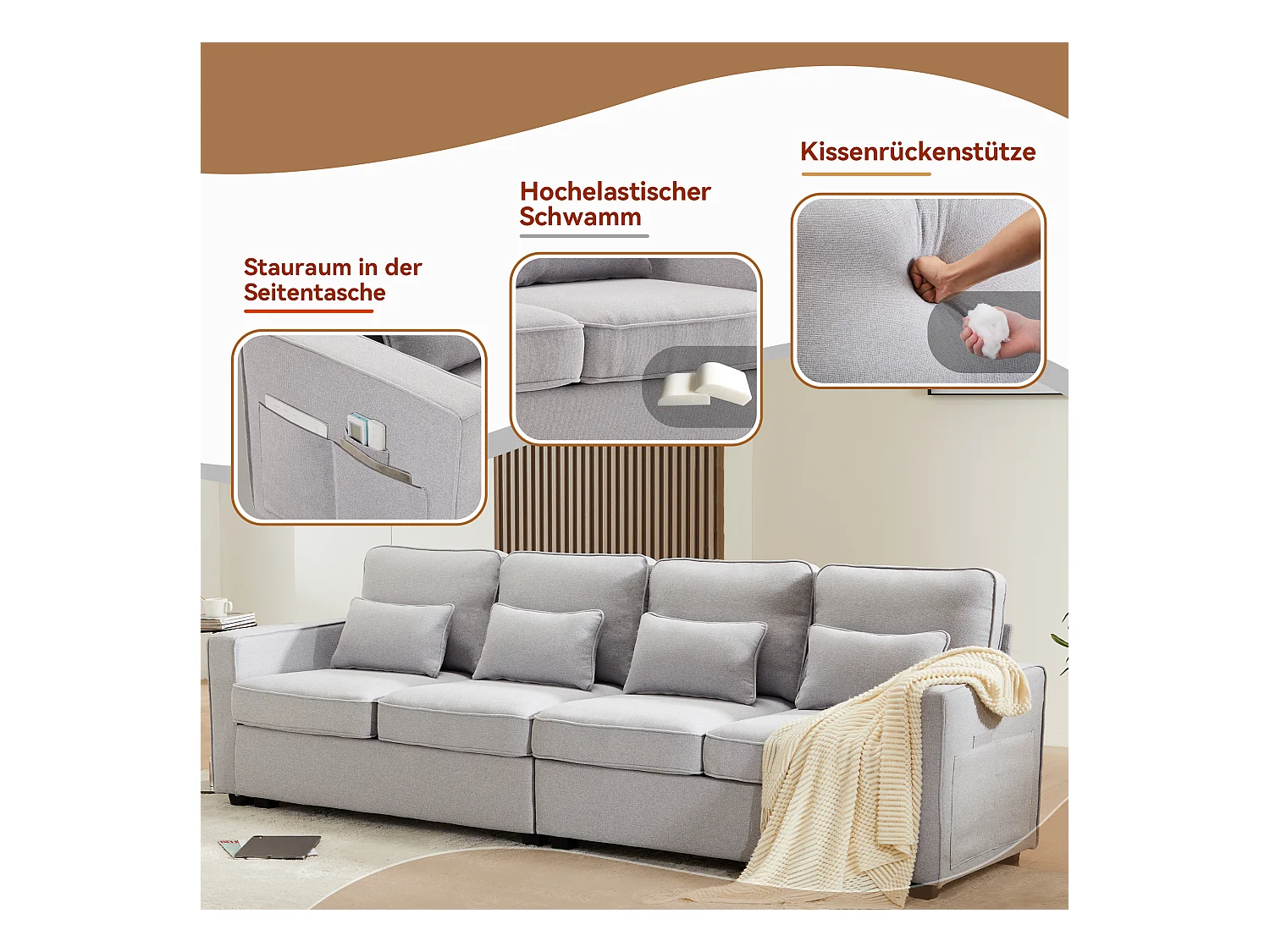 Canapé 4 places moderne en lin, avec poches sur les accoudoirs, 4 coussins, gris (264x83x87 cm)