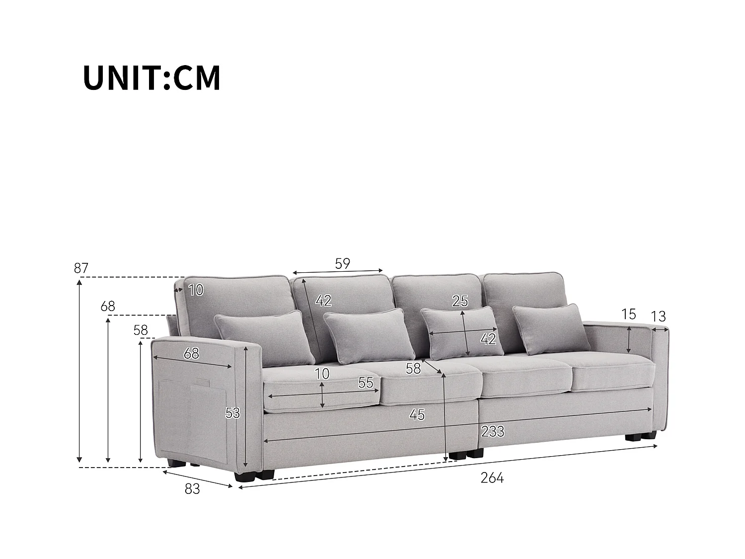 Canapé 4 places moderne en lin, avec poches sur les accoudoirs, 4 coussins, gris (264x83x87 cm)