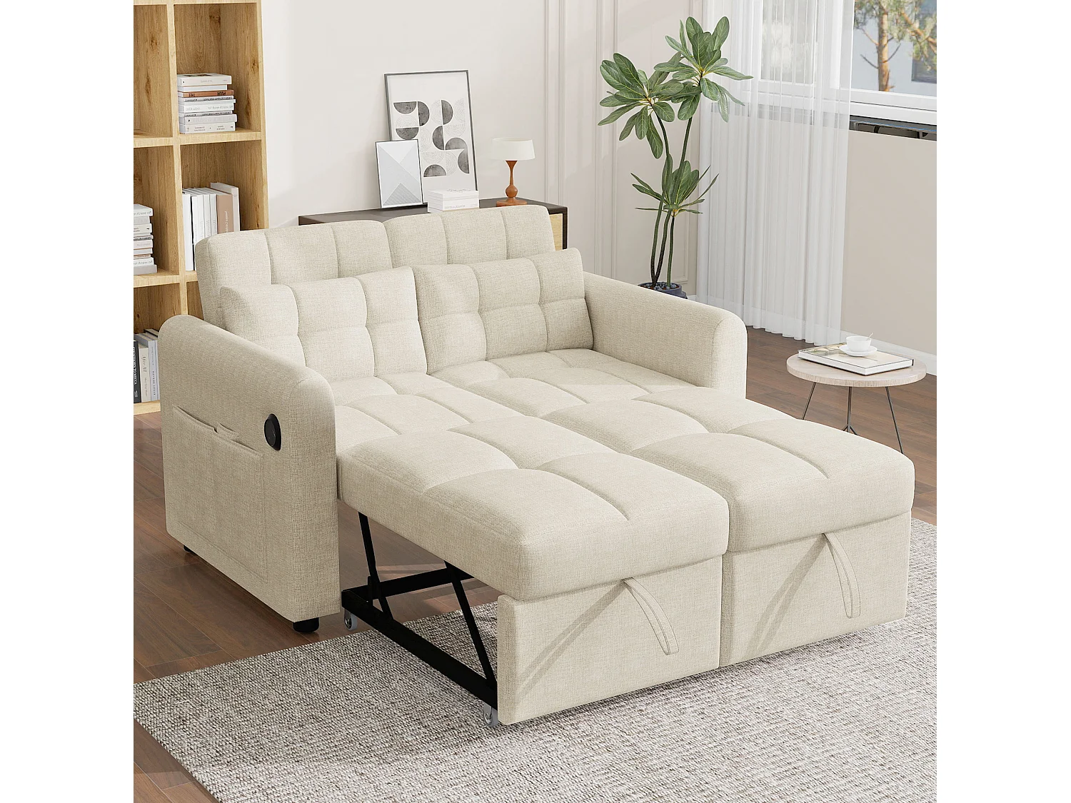 Canapé convertible 3 en 1 avec dossier réglable, design moderne, tissu en lin et coton, beige (216x161x81 cm)