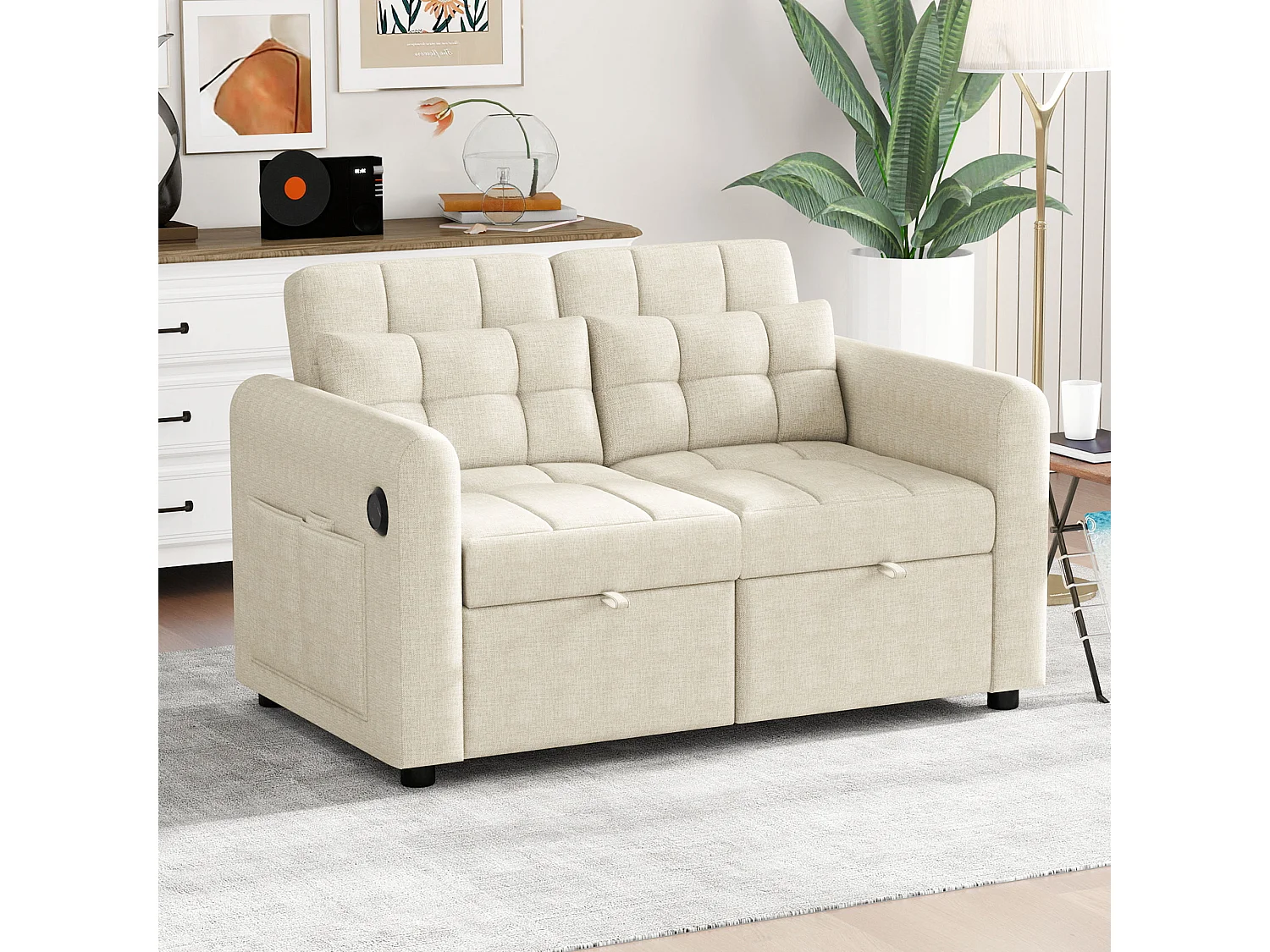 Canapé convertible 3 en 1 avec dossier réglable, design moderne, tissu en lin et coton, beige (216x161x81 cm)