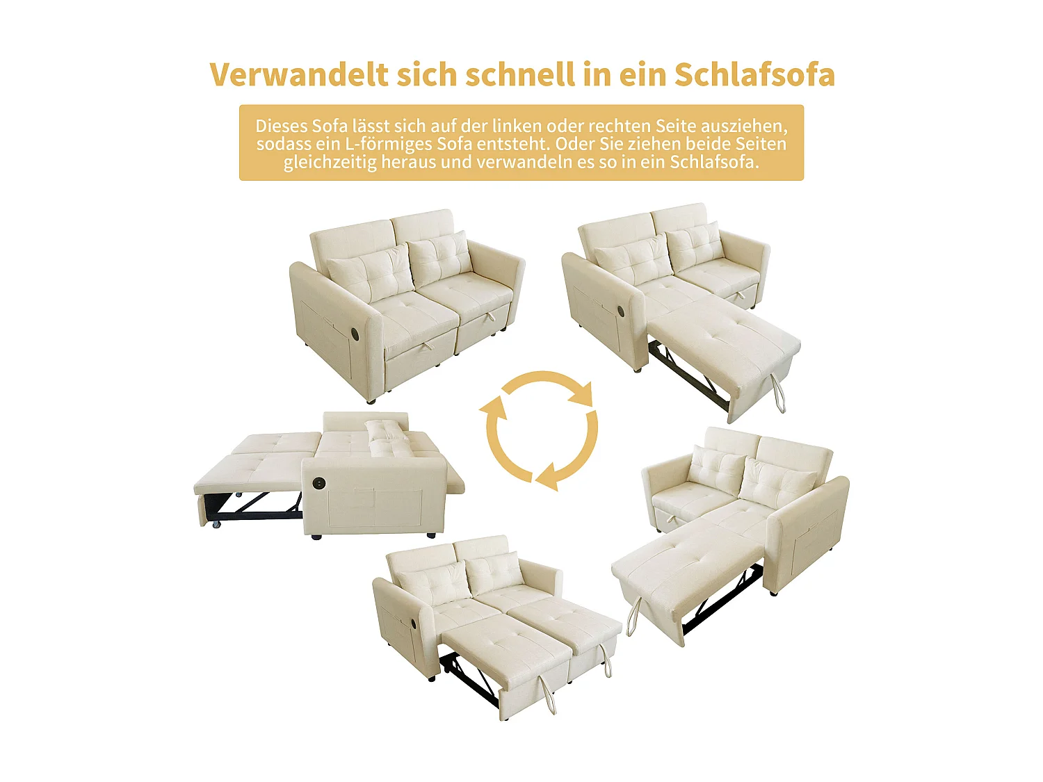 Canapé convertible 3 en 1 avec dossier réglable, design moderne, tissu en lin et coton, beige (216x161x81 cm)