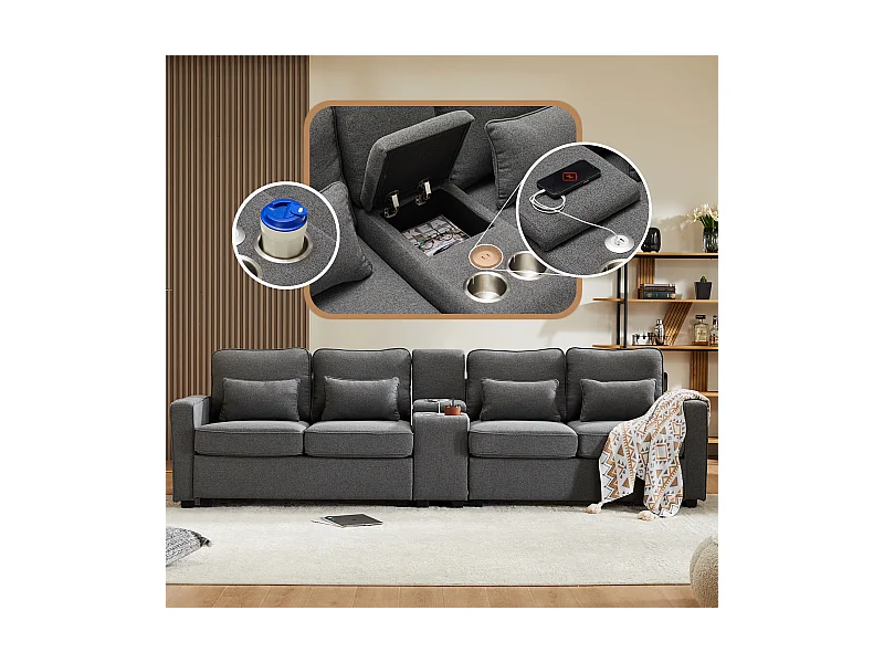 4-zitsbank, modern design, linnen, met console, 2 bekerhouders, 2 USB-aansluitingen, 4 kussens, grijs (290x83x88 cm)
