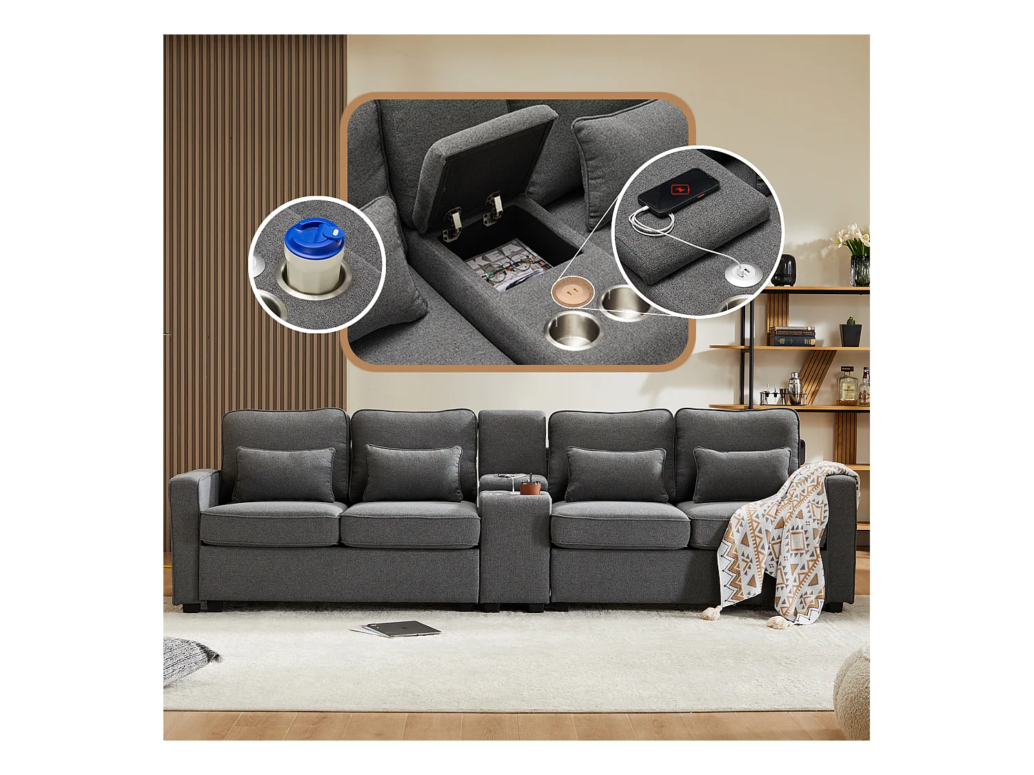 4-zitsbank, modern design, linnen, met console, 2 bekerhouders, 2 USB-aansluitingen, 4 kussens, grijs (290x83x88 cm)