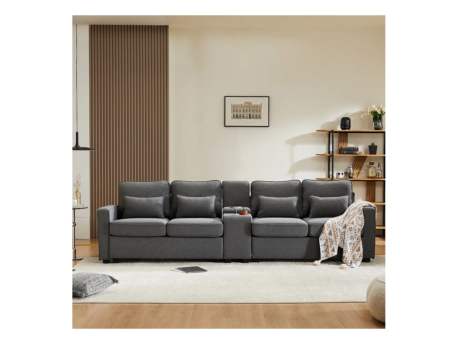 4-zitsbank, modern design, linnen, met console, 2 bekerhouders, 2 USB-aansluitingen, 4 kussens, grijs (290x83x88 cm)